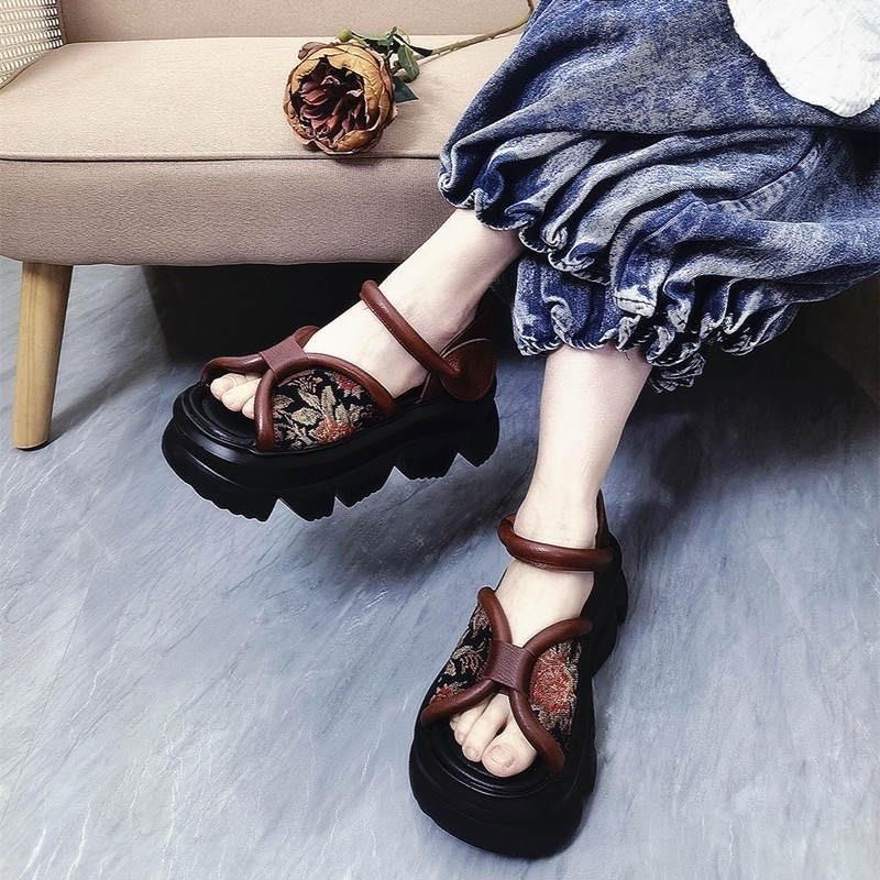 Giày Sandal  Thêu Đế Dày Velcro Miệng Cá Cổ Lớp Đầu Tiên Da Bò giày Nữ Mùa Hè Phong Cách Phong Cách Dân Tộc