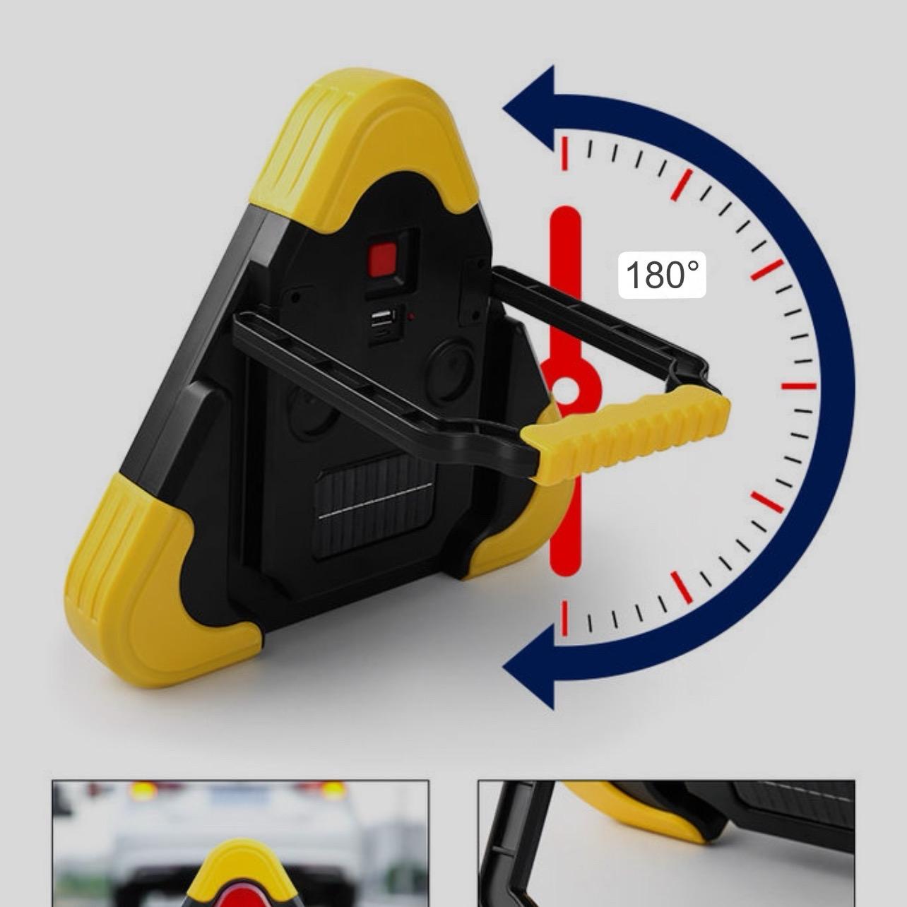 Đèn cứu hộ Hurry-Bolt hình tam giác ánh sáng Led dùng pin sạc hoặc sạc tấm pin năng lượng mặt trời dùng cho cứu hộ giao thông, du lịch, dã ngoại
