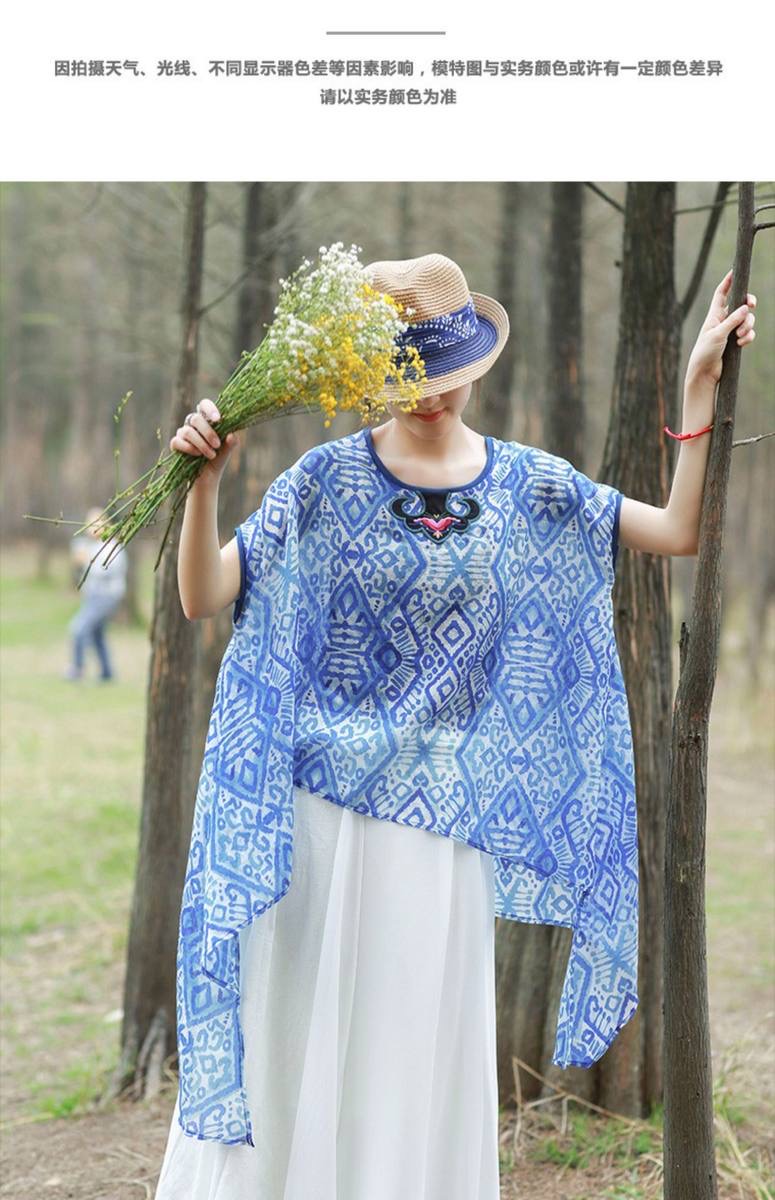 Áo thun cotton và lanh nữ thêu viền phong cách dân tộc của những người ưa hoạt động terong thời tiết mùa hè