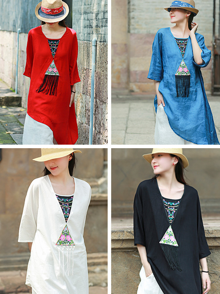 Áo thun cotton và lanh nữ thêu viền phong cách dân tộc của những người ưa hoạt động terong thời tiết mùa hè