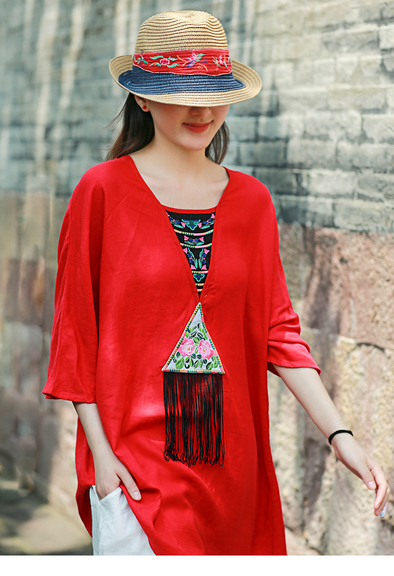 Áo thun cotton và lanh nữ thêu viền phong cách dân tộc của những người ưa hoạt động terong thời tiết mùa hè