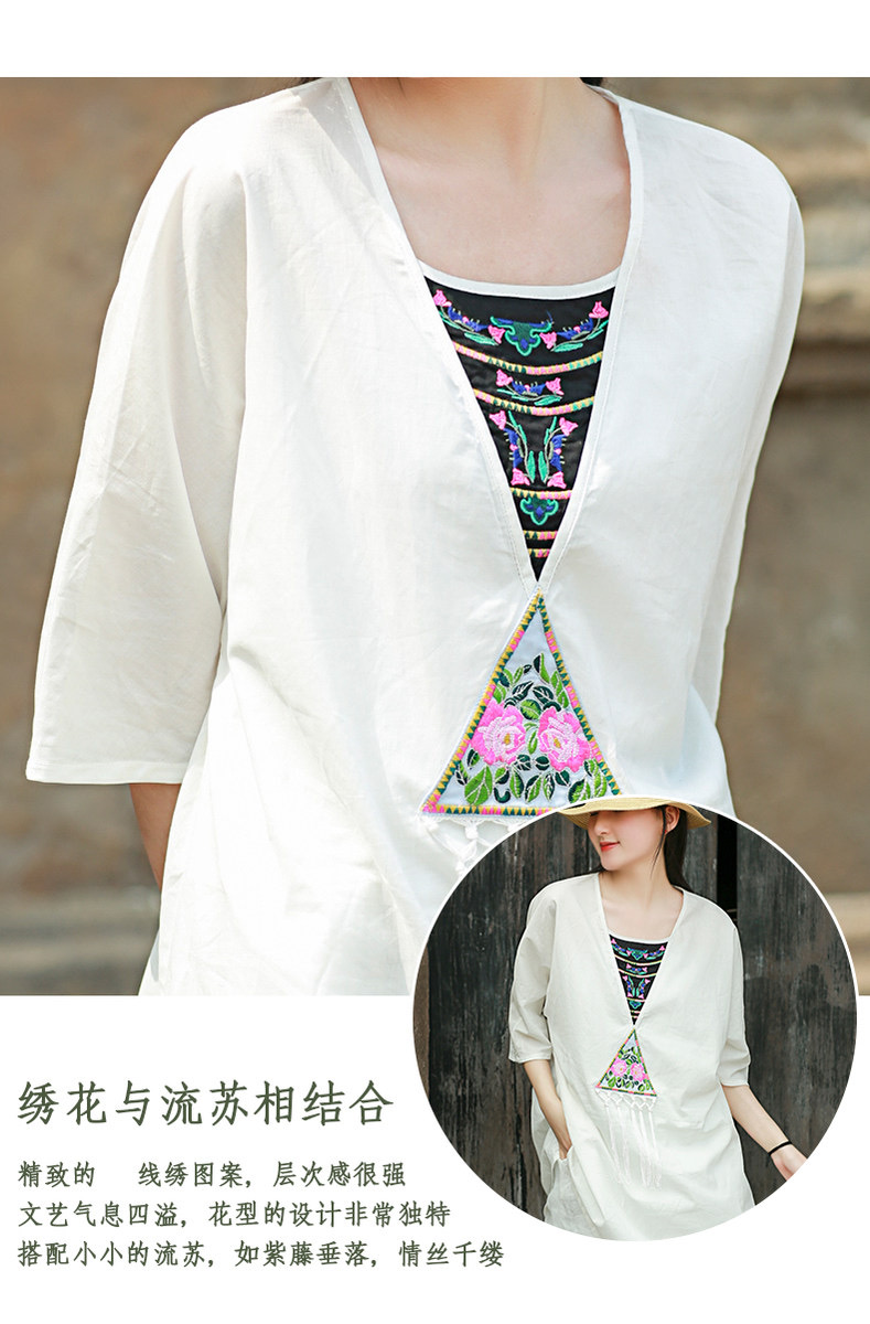 Áo thun cotton và lanh nữ thêu viền phong cách dân tộc của những người ưa hoạt động terong thời tiết mùa hè