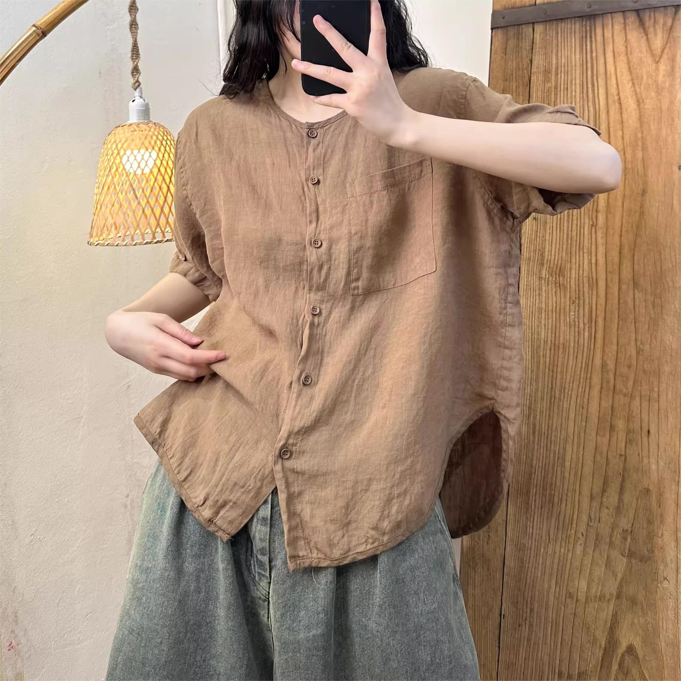 Áo crop top bằng vải lanh viền cong, phong cách retro giản dị, đơn giản của mùa hè năm 2024