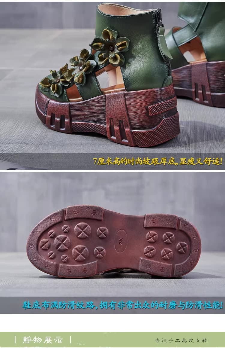 Sandal nữ da thật, miệng cá đế cao dầy chống thấm nước tốt. Phong cách hiện đại, cá tính thích hợp mùa hè.