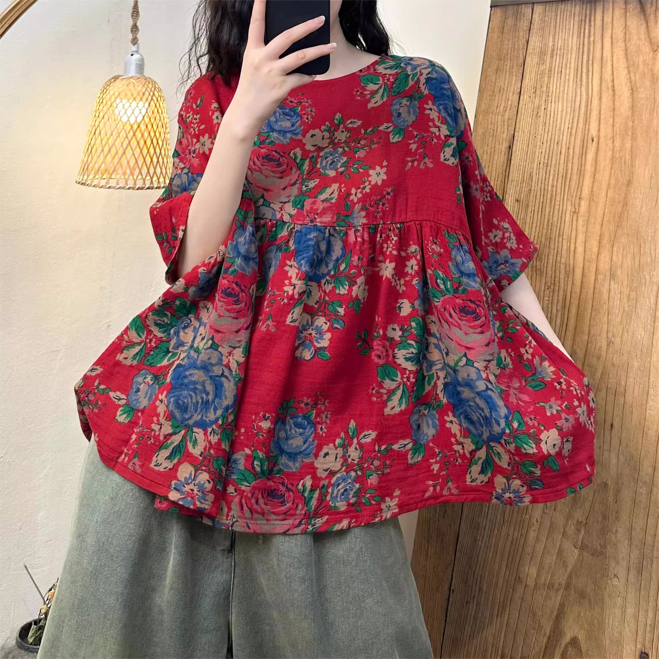 Áo sơ mi búp bê, nhún bèo, vải cotton phong cách giản dị, nữ tính