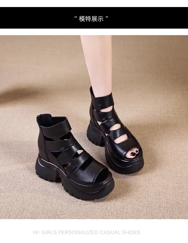 Sandal nữ da thật tăng chiều cao, miệng cá đế cao dầy chống thấm nước tốt. Phong cách hiện đại, cá tính thích hợp mùa hè.