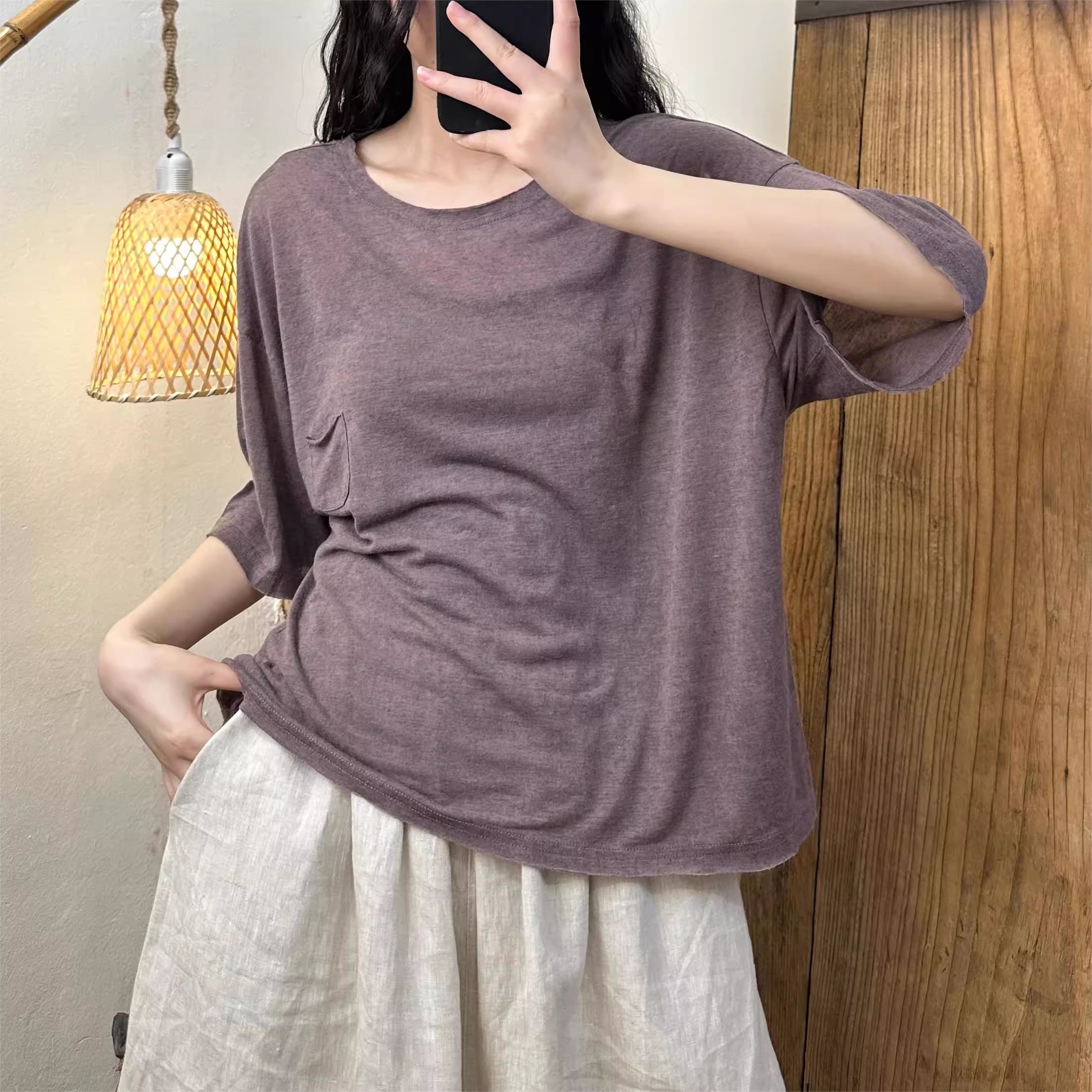 Áo sơ mi cotton cổ tròn đến từ H u a l o u hợp với  phong cách mùa hè năng động