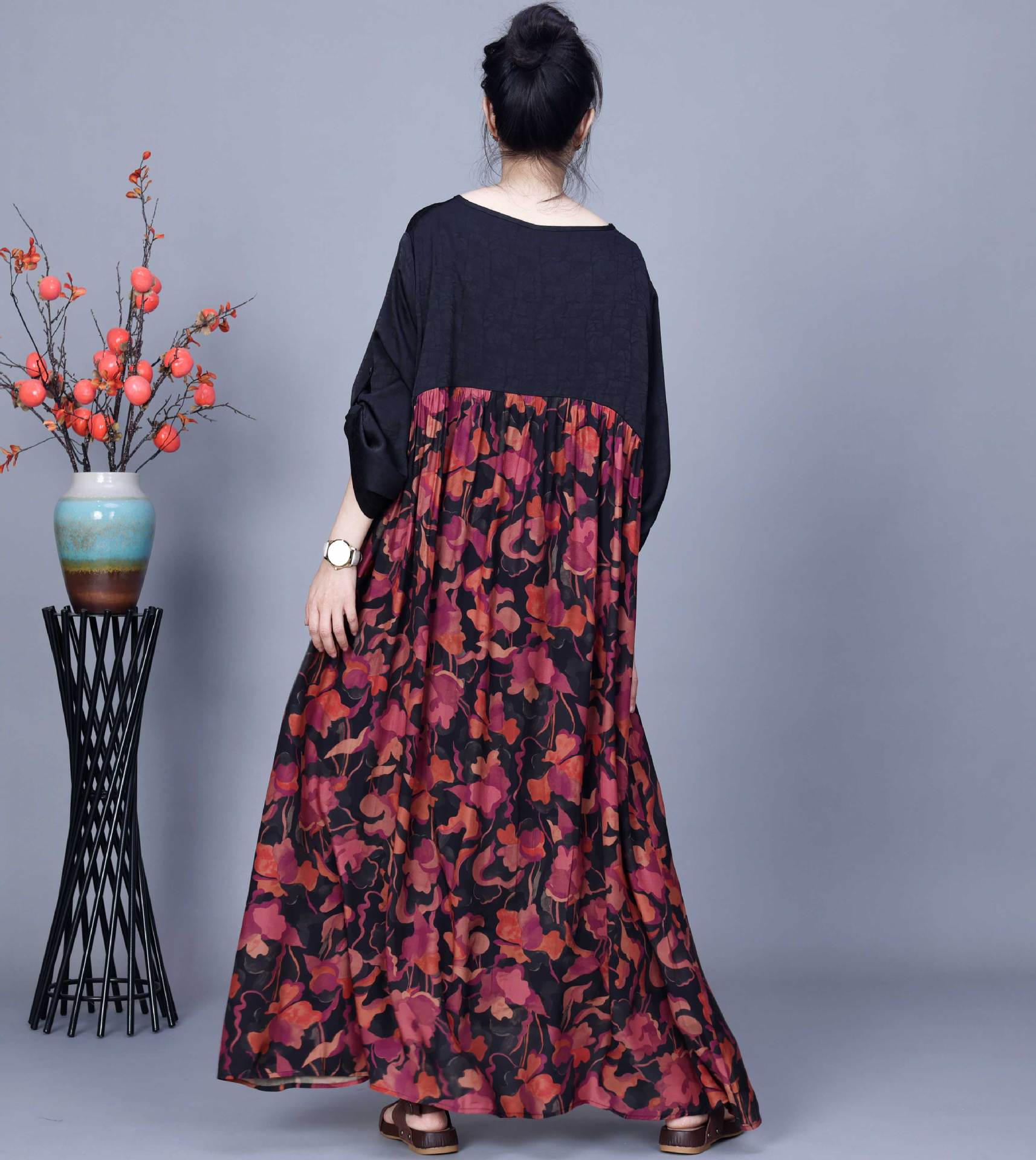 Váy lụa cupro in retro thân rộng chữ A dáng dài sang trọng quyến rũ