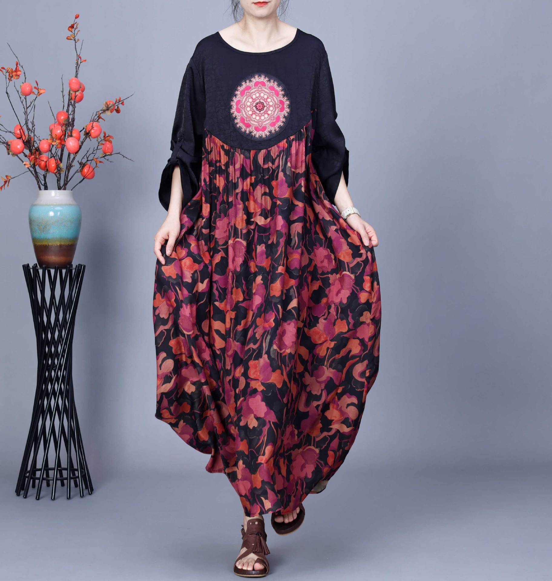 Váy lụa cupro in retro thân rộng chữ A dáng dài sang trọng quyến rũ