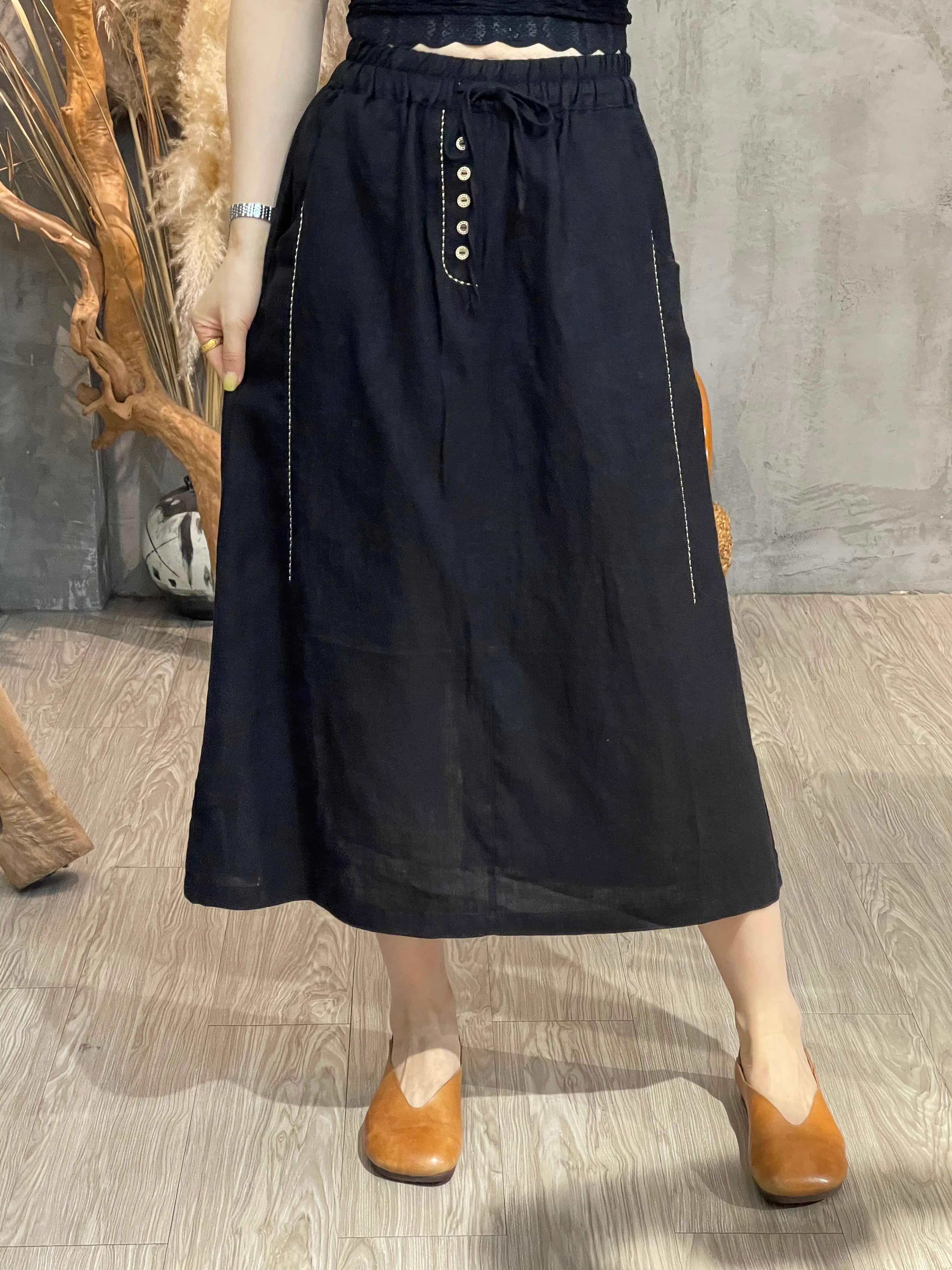 Chân Váy chữ A vải lanh co giãn đa năng retro thiết kế topstitch