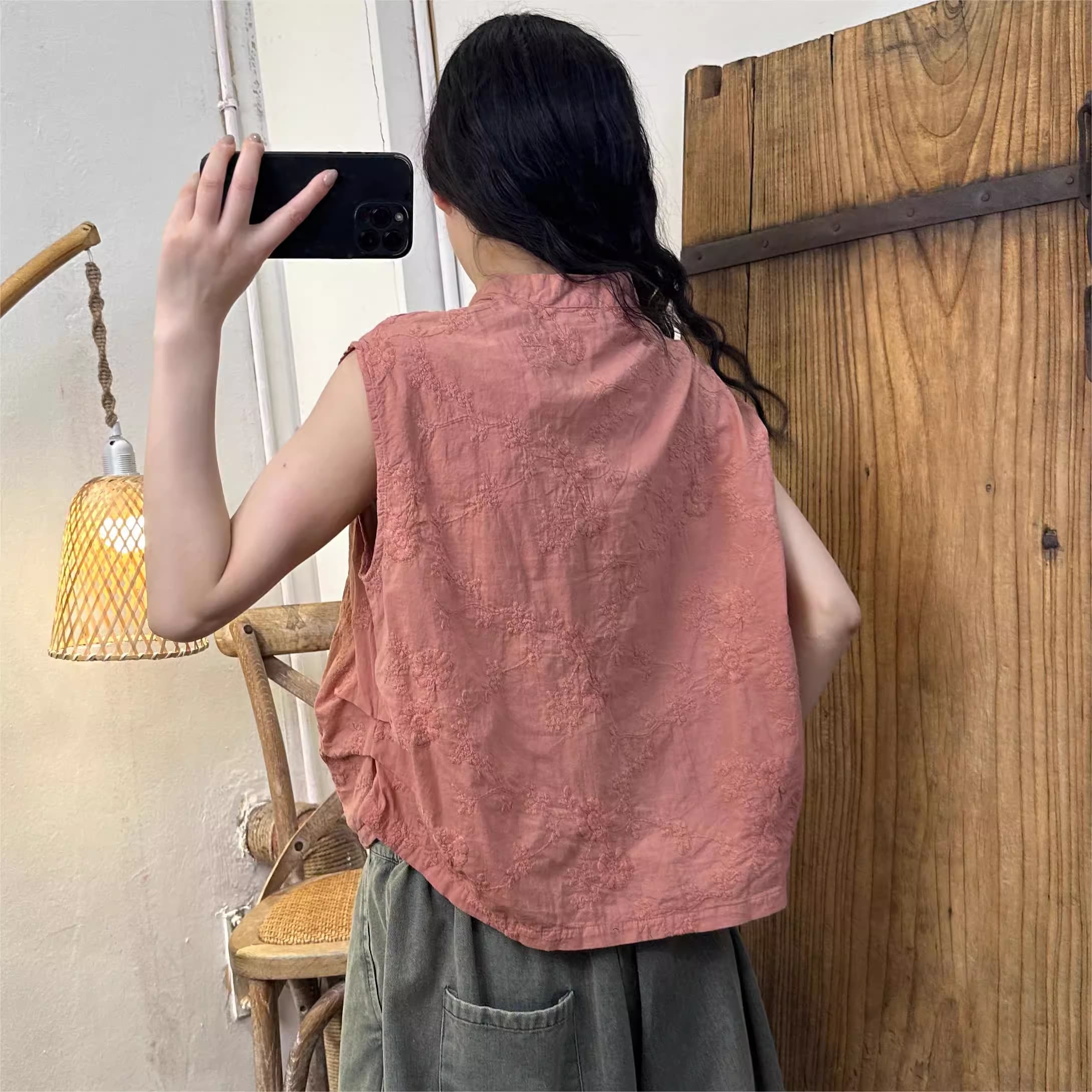 Áo cotton thêu ren từ H u a l o u phong cách mùa hè mới retro niche