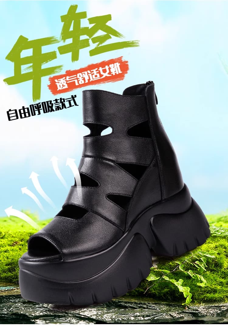 Sandal nữ da thật tăng chiều cao, miệng cá đế cao dầy chống thấm nước tốt. Phong cách hiện đại, cá tính thích hợp mùa hè.