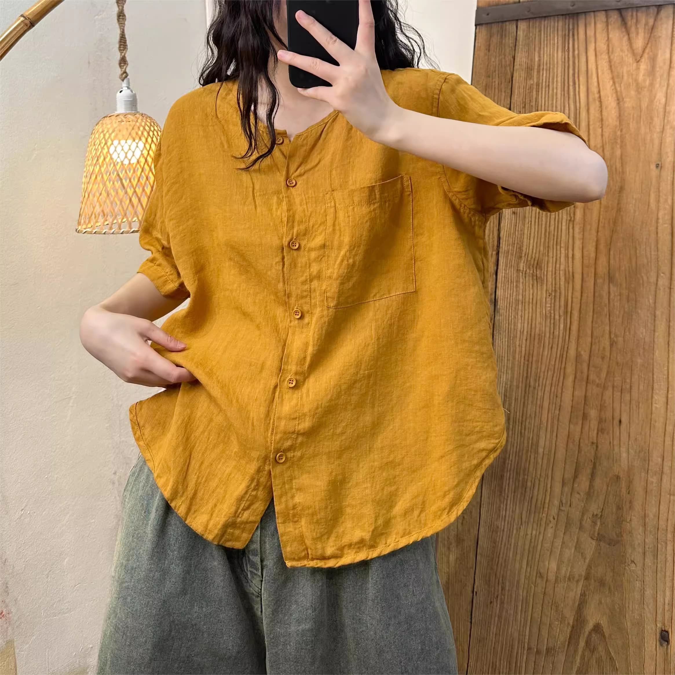 Áo crop top bằng vải lanh viền cong, phong cách retro giản dị, đơn giản của mùa hè năm 2024
