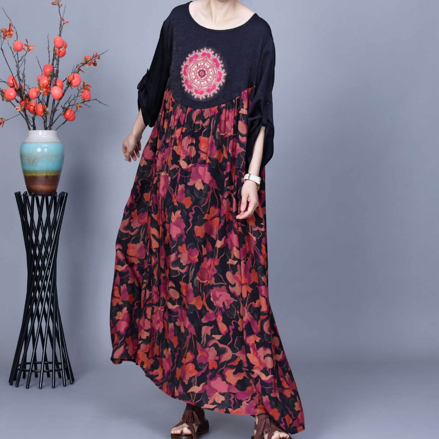 Váy lụa cupro in retro thân rộng chữ A dáng dài sang trọng quyến rũ