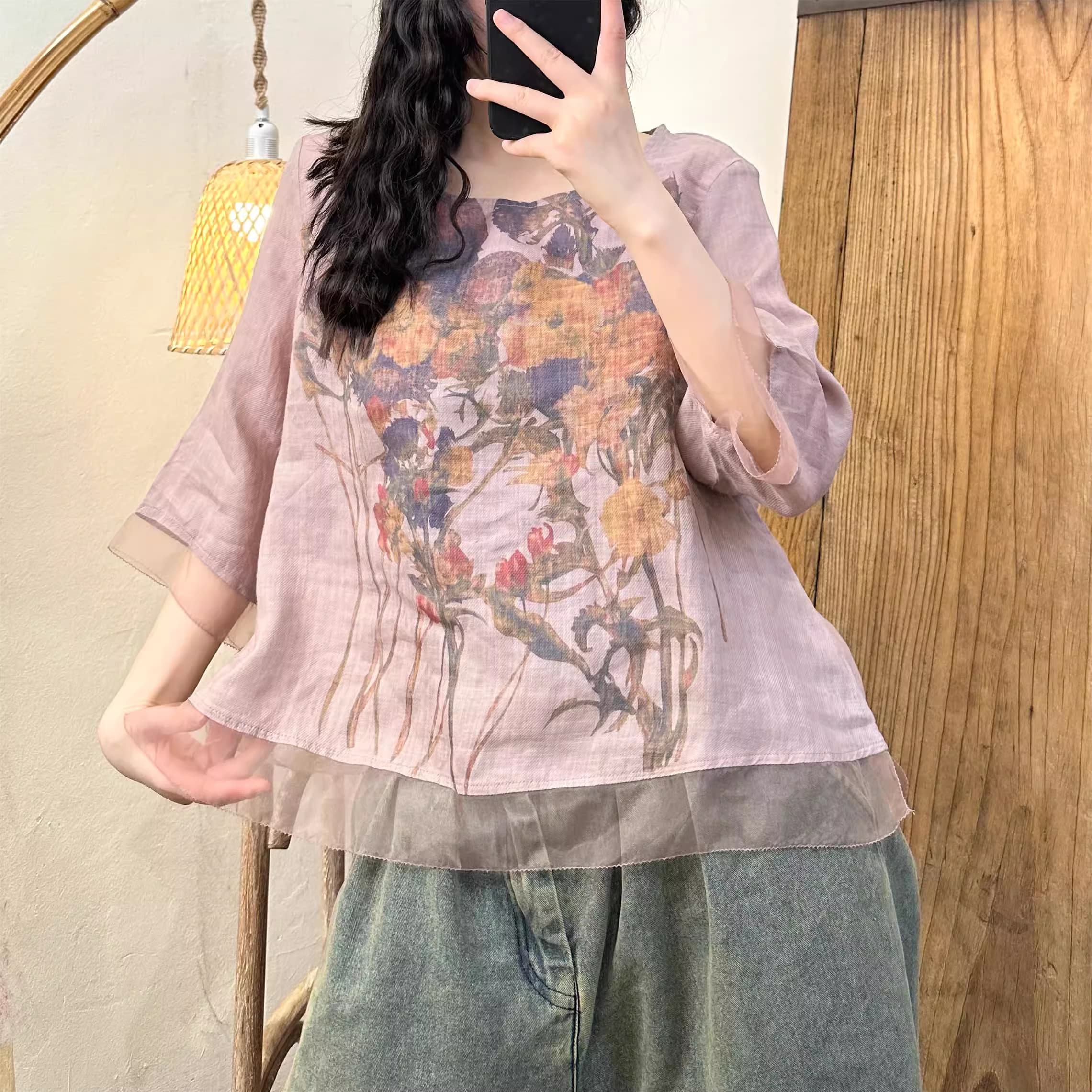 Áo sơ mi in họa tiết organza kiểu cổ điển ngọt ngào theo phong cách mùa hè năm 2024 từ H u a l o u