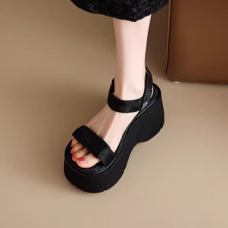Sandal đế dày, hở mũi da thật, đế bằng đa năng dành cho nữ