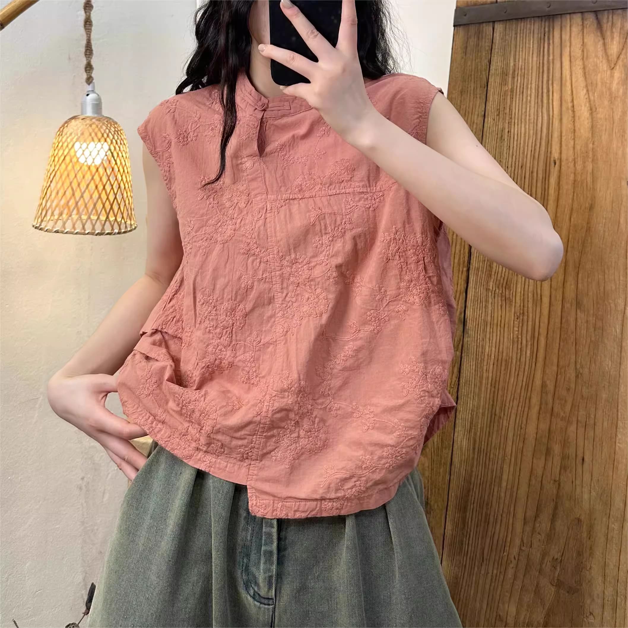 Áo cotton thêu ren từ H u a l o u phong cách mùa hè mới retro niche