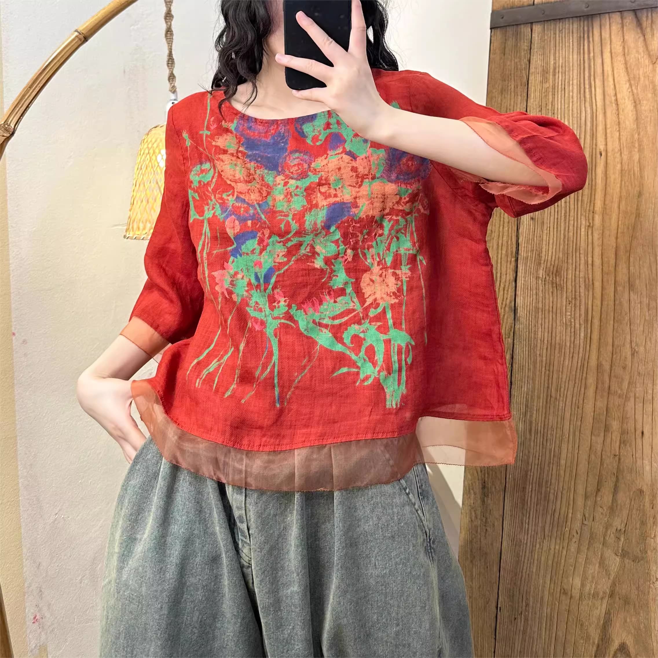 Áo sơ mi in họa tiết organza kiểu cổ điển ngọt ngào theo phong cách mùa hè năm 2024 từ H u a l o u