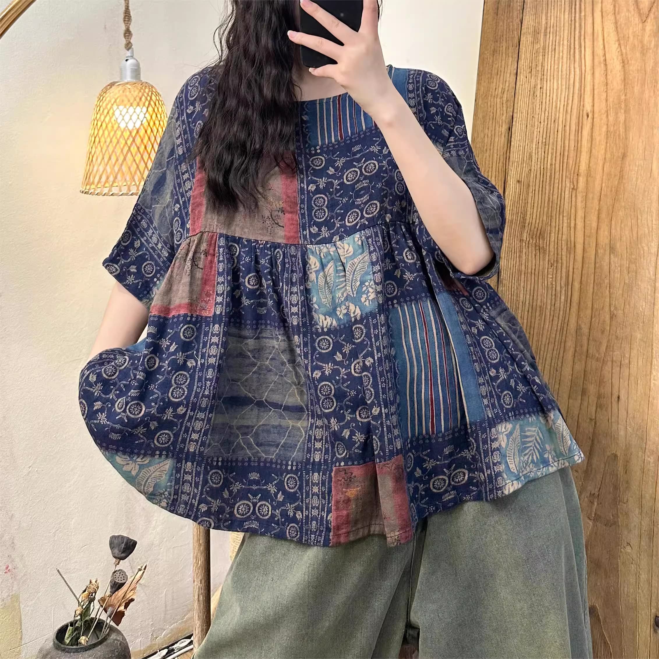Áo sơ mi búp bê, nhún bèo, vải cotton phong cách giản dị, nữ tính
