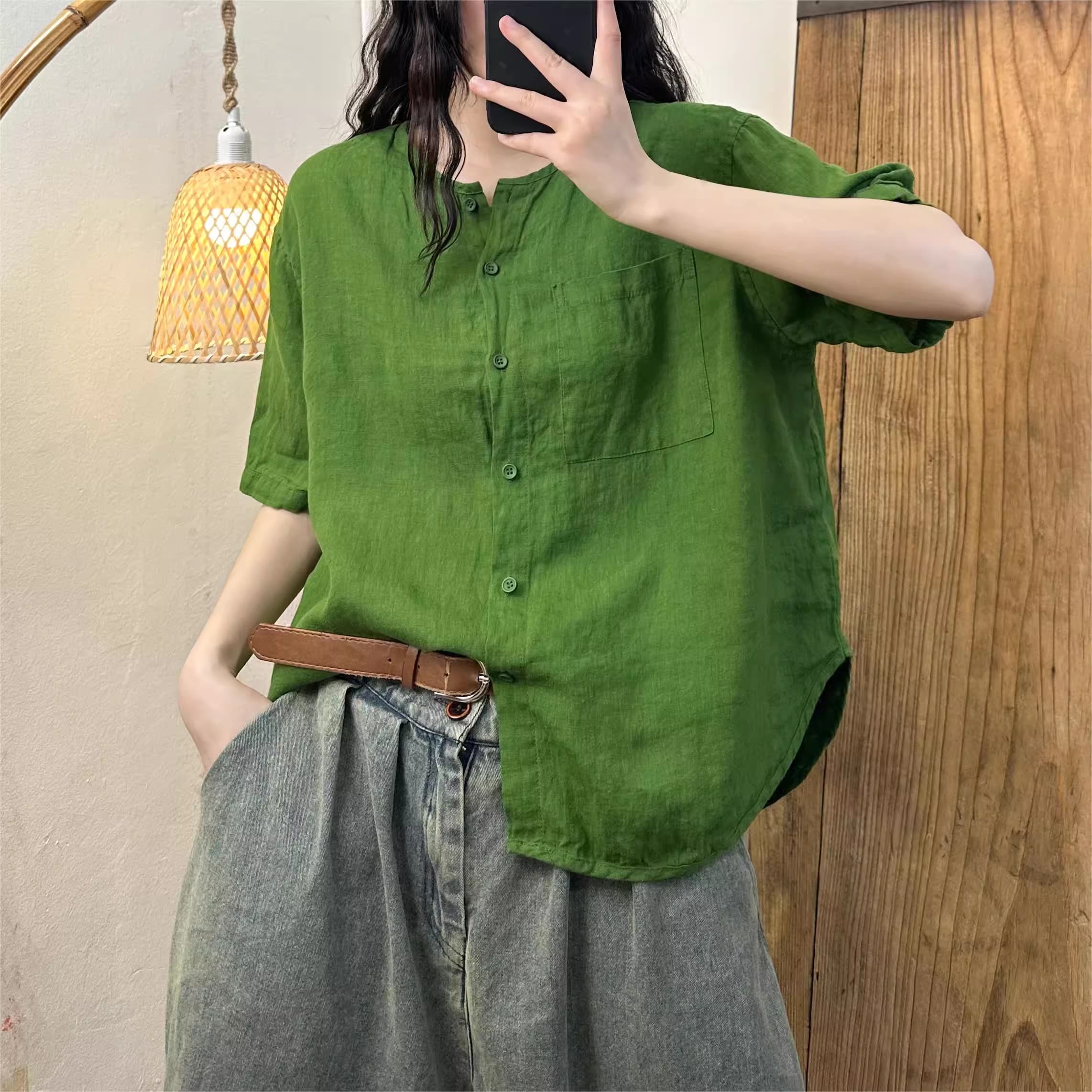 Áo crop top bằng vải lanh viền cong, phong cách retro giản dị, đơn giản của mùa hè năm 2024