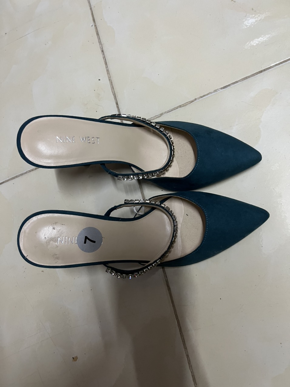 Guốc da cao cấp, màu xanh, cao 7cm, đế nhọn, phong cách lịch sự