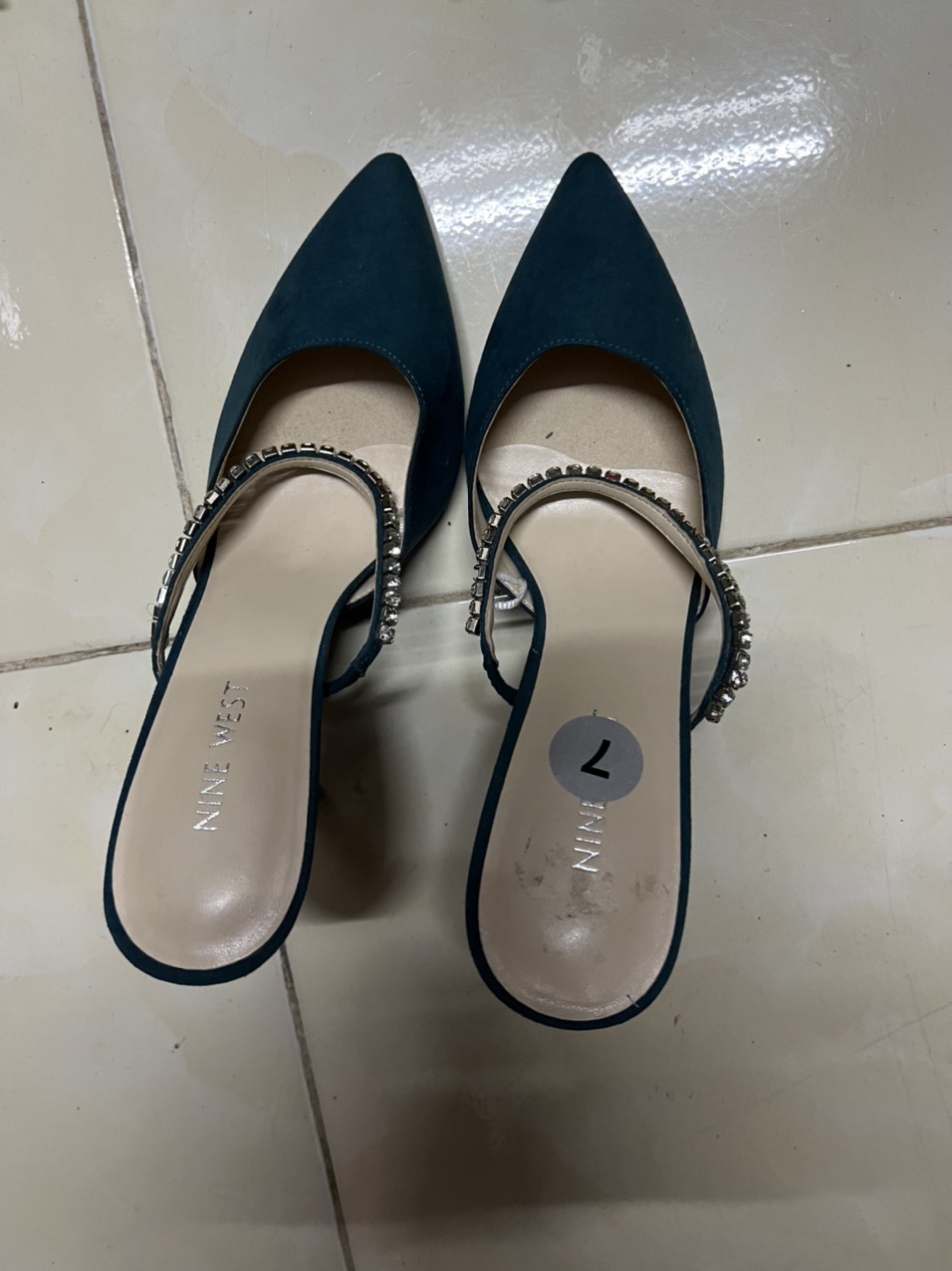 Guốc da cao cấp, màu xanh, cao 7cm, đế nhọn, phong cách lịch sự