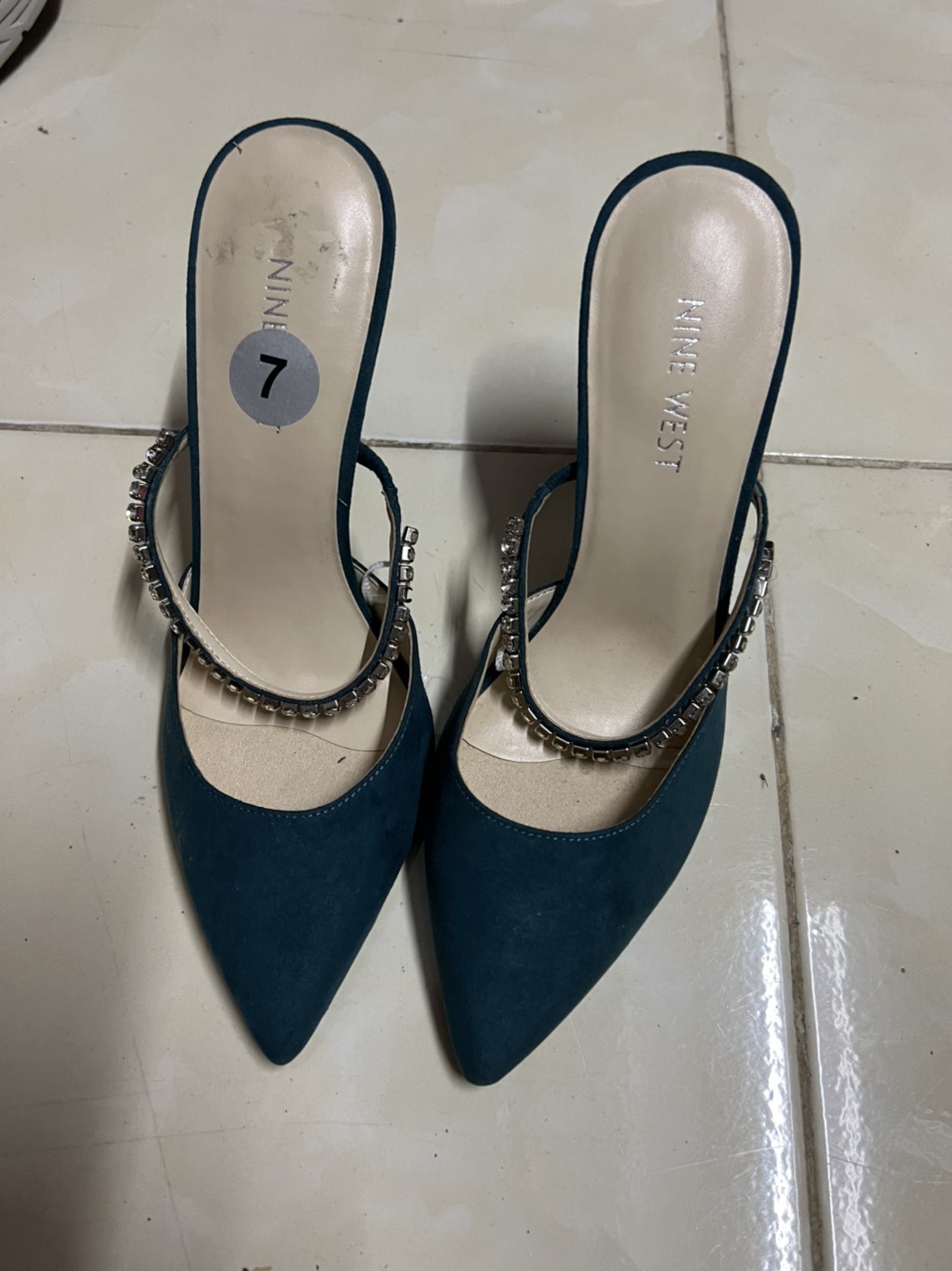 Guốc da cao cấp, màu xanh, cao 7cm, đế nhọn, phong cách lịch sự