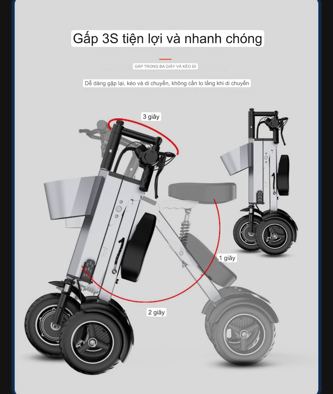 Xe điện ba bánh gấp thông minh mới của nhà W i l j e d i là một loại xe điện di động, nhỏ, nhẹ, dành cho hai người. Có 2 loại: 48V - 450W và 36V - 450W.  Nhẹ gấp đôi các loại xe điện di động nhỏ nhẹ khác. Gấp gọn để cốp xe oto. Rất phù hợp cho đi du lịch, đi trong phố đông đúc