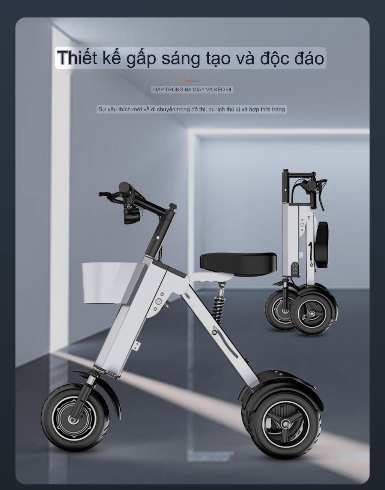 Xe điện ba bánh gấp thông minh mới của nhà W i l j e d i là một loại xe điện di động, nhỏ, nhẹ, dành cho hai người. Có 2 loại: 48V - 450W và 36V - 450W.  Nhẹ gấp đôi các loại xe điện di động nhỏ nhẹ khác. Gấp gọn để cốp xe oto. Rất phù hợp cho đi du lịch, đi trong phố đông đúc