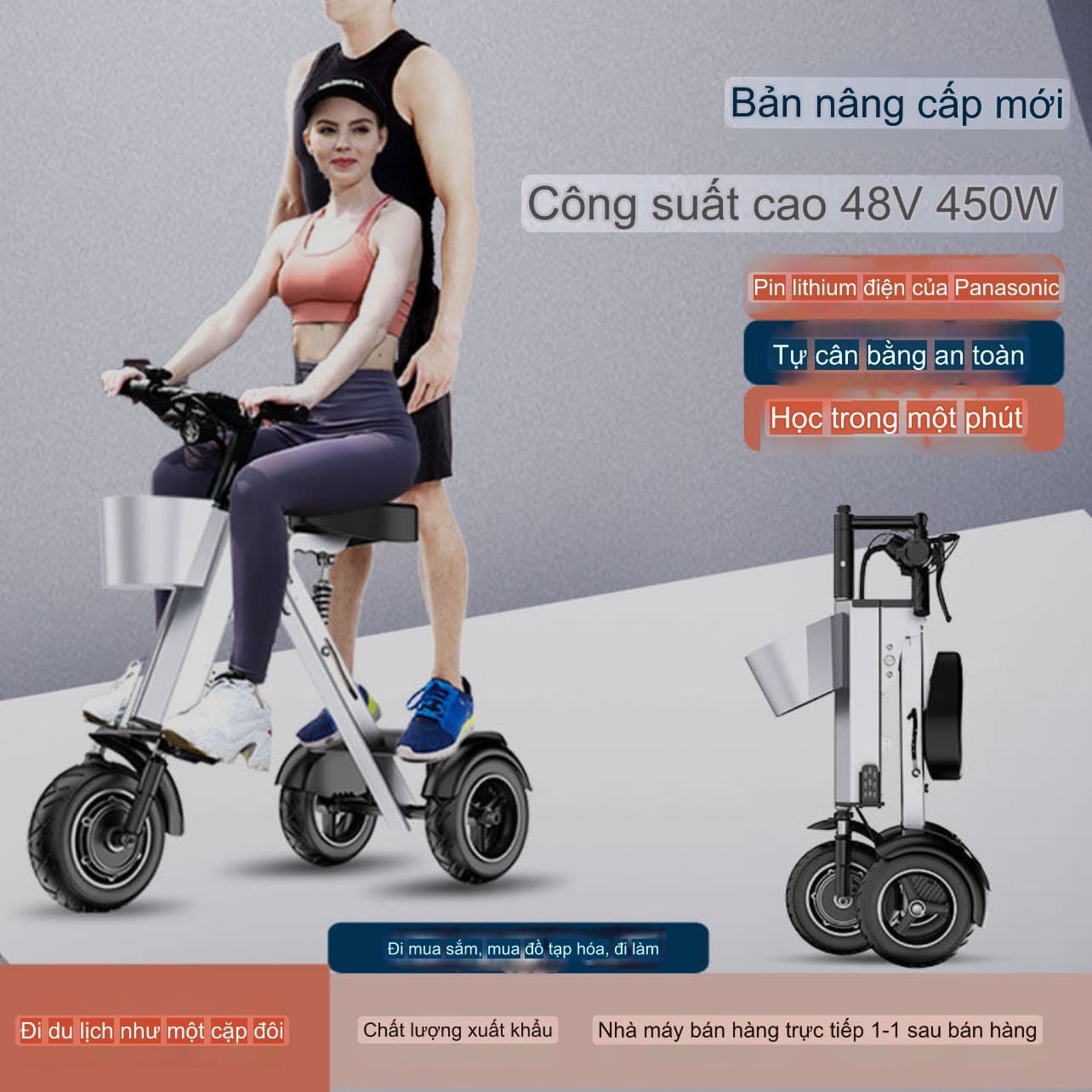 Xe điện ba bánh gấp thông minh mới của nhà W i l j e d i là một loại xe điện di động, nhỏ, nhẹ, dành cho hai người. Có 2 loại: 48V - 450W và 36V - 450W.  Nhẹ gấp đôi các loại xe điện di động nhỏ nhẹ khác. Gấp gọn để cốp xe oto. Rất phù hợp cho đi du lịch, đi trong phố đông đúc
