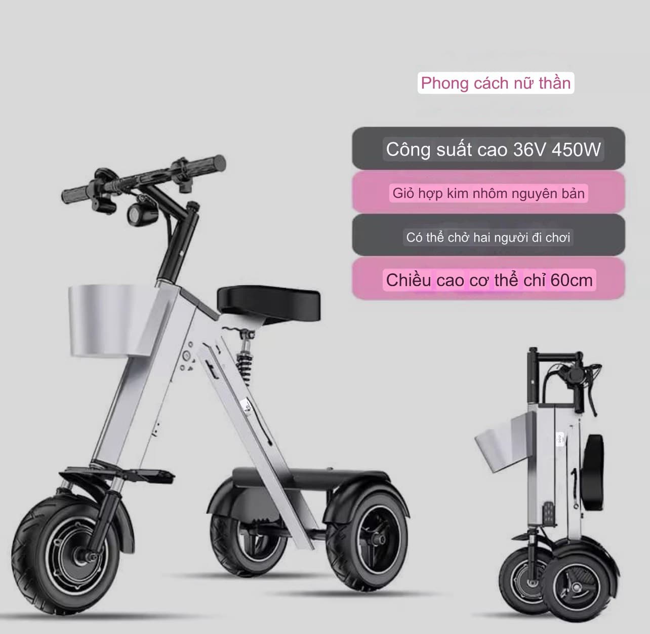 Xe điện ba bánh gấp thông minh mới của nhà W i l j e d i là một loại xe điện di động, nhỏ, nhẹ, dành cho hai người. Có 2 loại: 48V - 450W và 36V - 450W.  Nhẹ gấp đôi các loại xe điện di động nhỏ nhẹ khác. Gấp gọn để cốp xe oto. Rất phù hợp cho đi du lịch, đi trong phố đông đúc