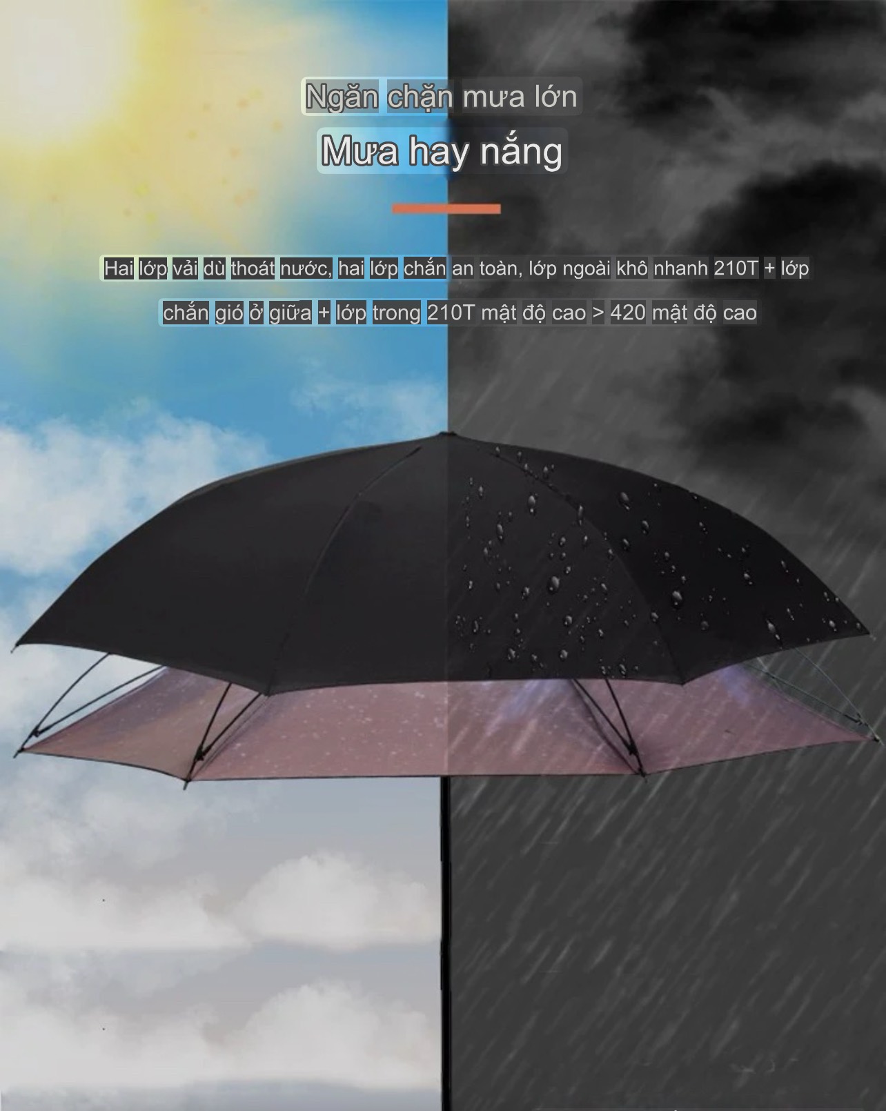 Ô dù đặc biệt 2 lớp, tán rộng gấp ngược, an toàn khi nắng to, mưa lớn, tay cầm dài có chế độ rảnh tay.