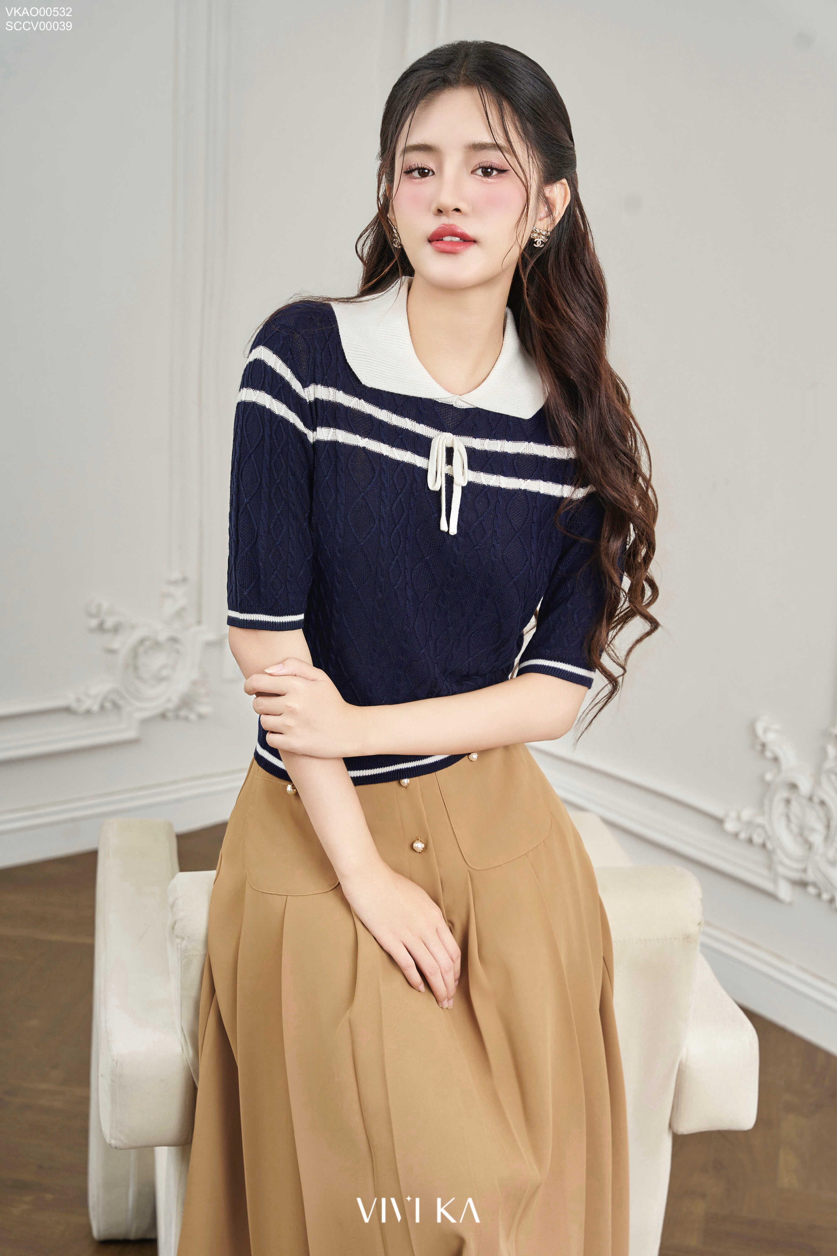 Áo Jody dệt kim sọc đính nơ
