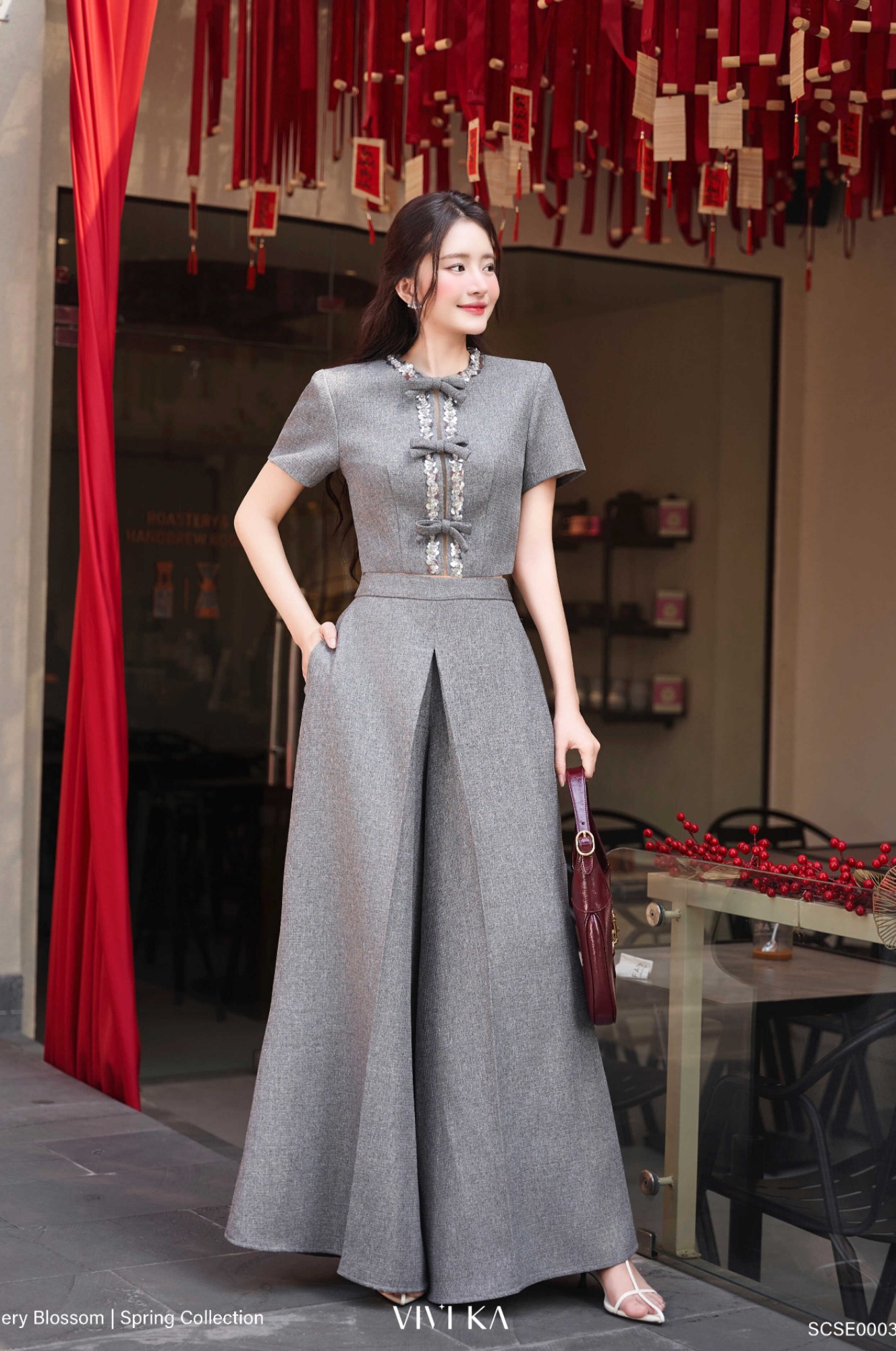 Set Kristina áo kết cườm phối nơ+ quần dài ống rộng