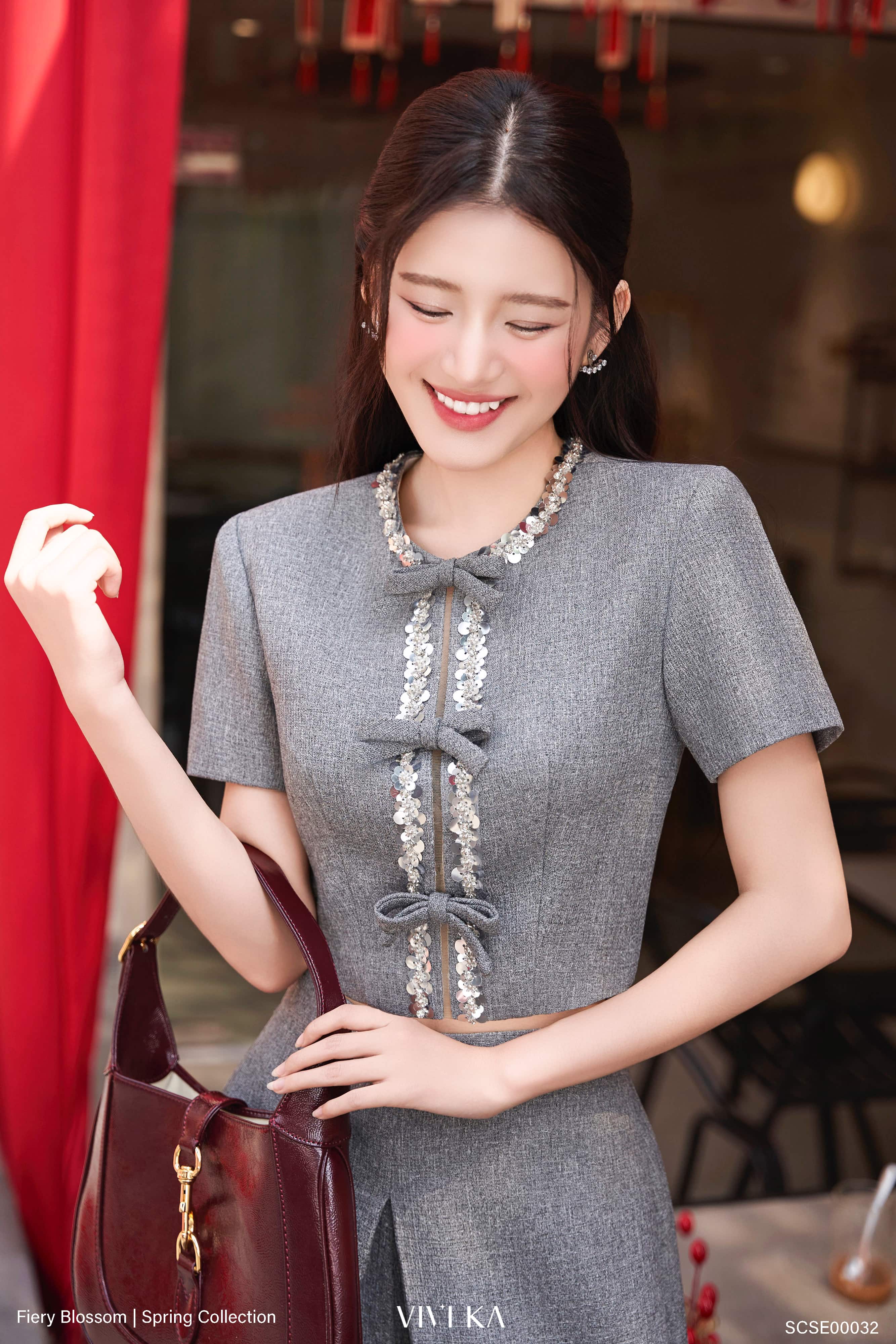 Set Kristina áo kết cườm phối nơ+ quần dài ống rộng