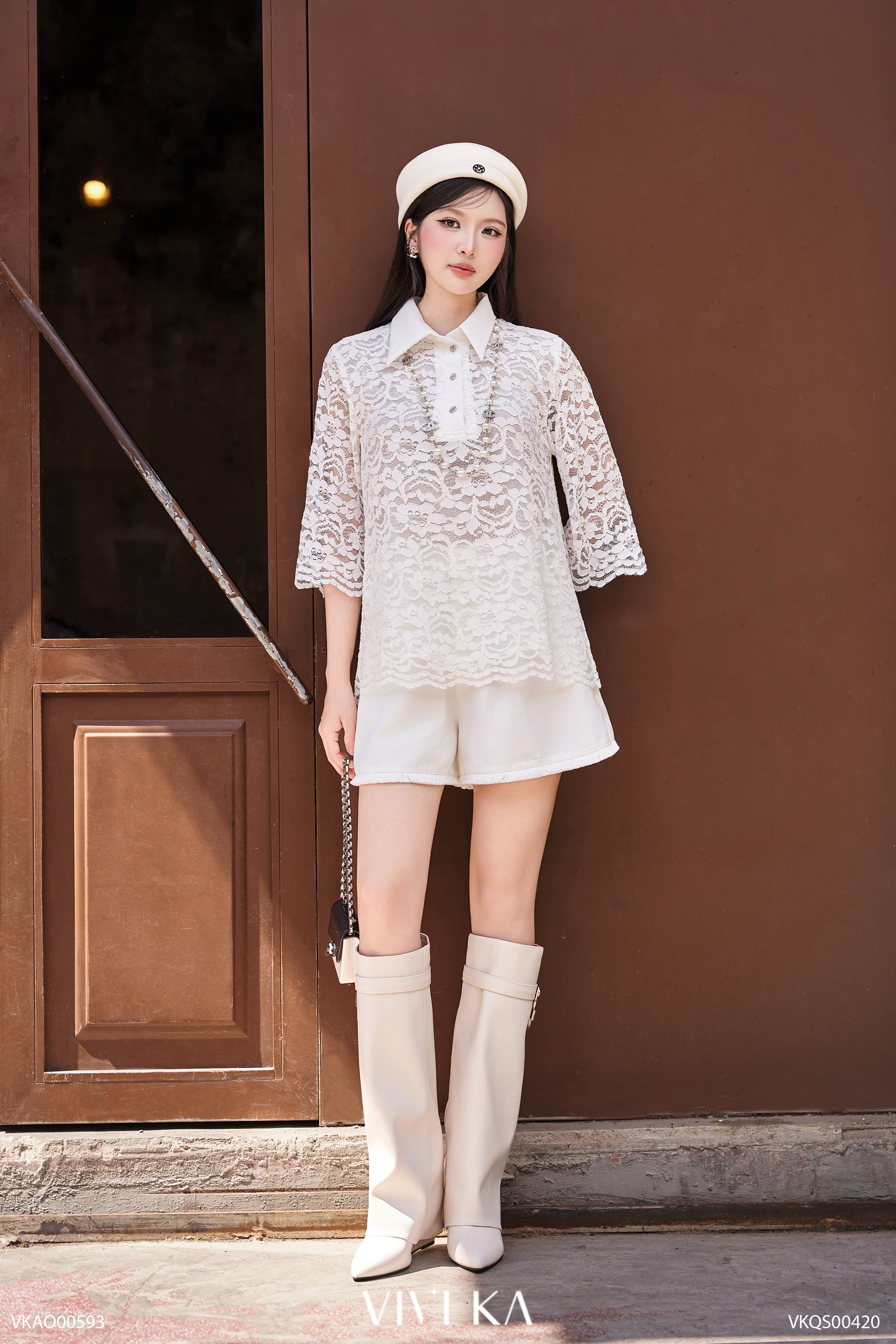 Áo Opaline ren trắng cổ sơ mi