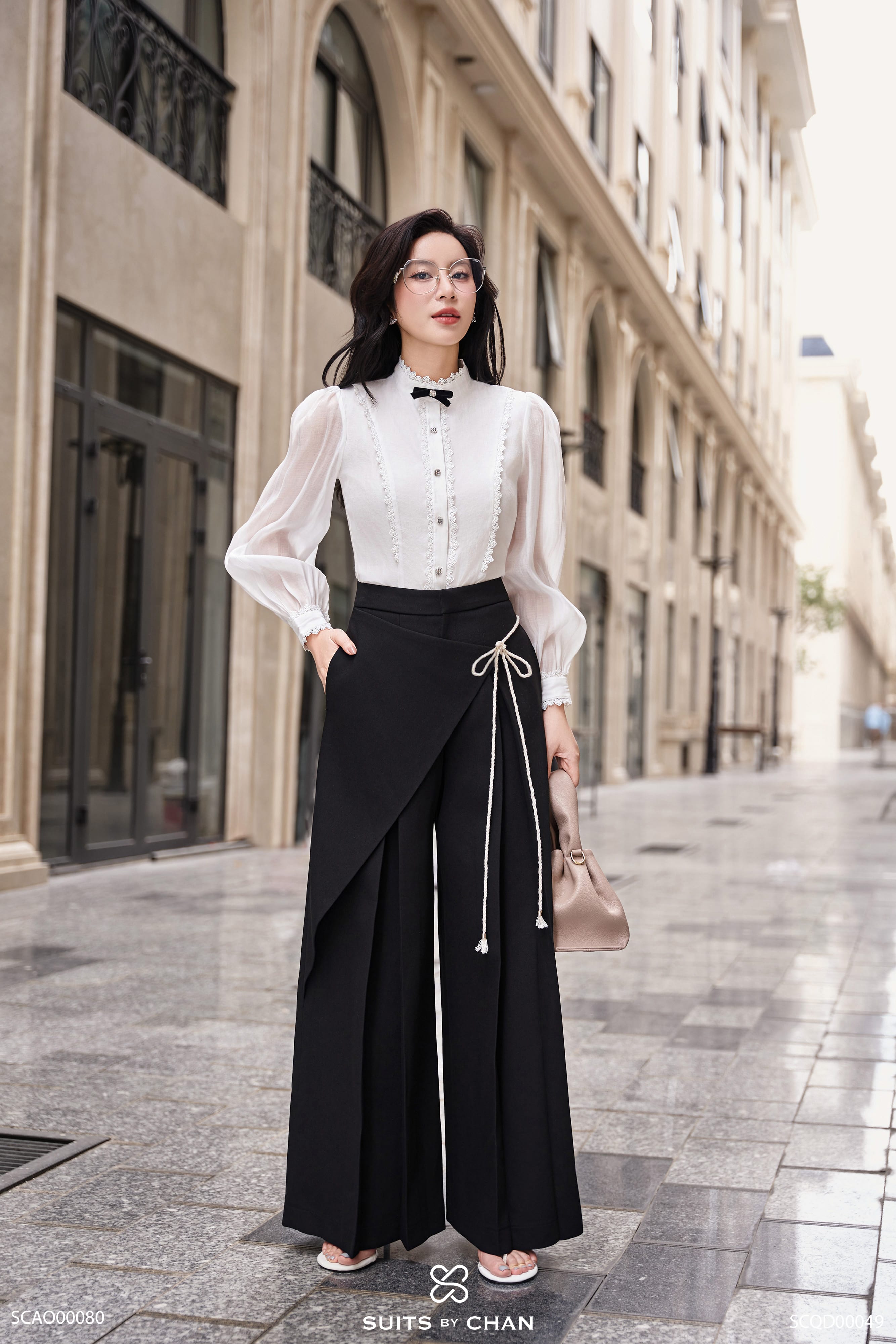 Áo Colette trắng cổ ren tay dài phối nơ