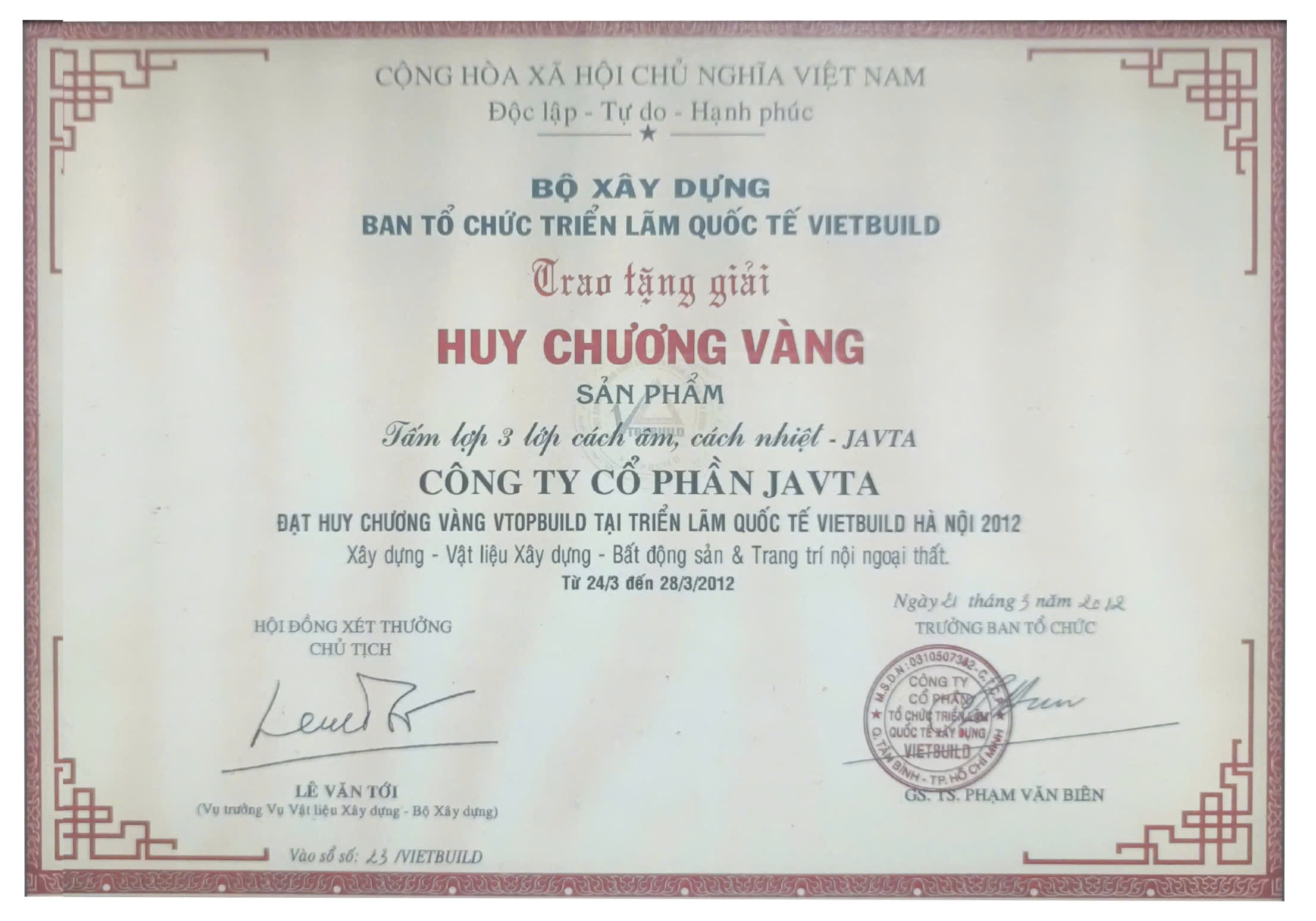 Huy chương Vàng Vietbuild Hà Nội 2012