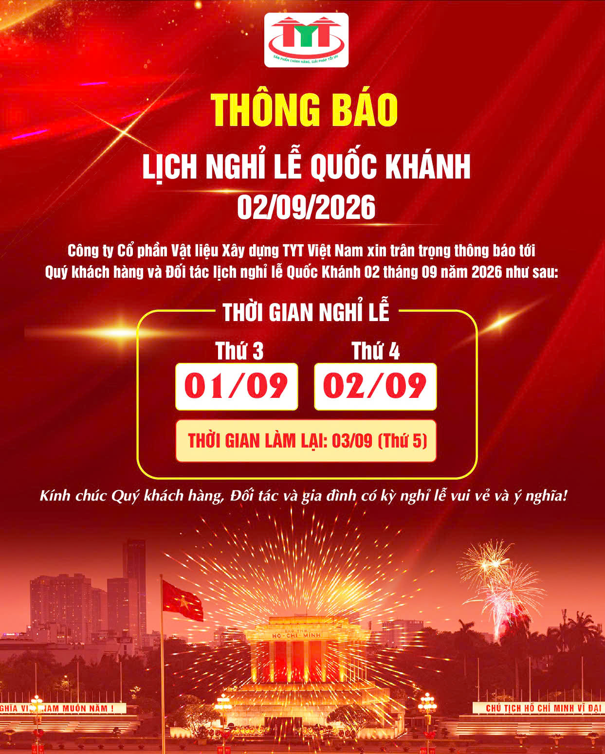 THÔNG BÁO LỊCH NGHỈ LỄ QUỐC KHÁNH 02/09/2026