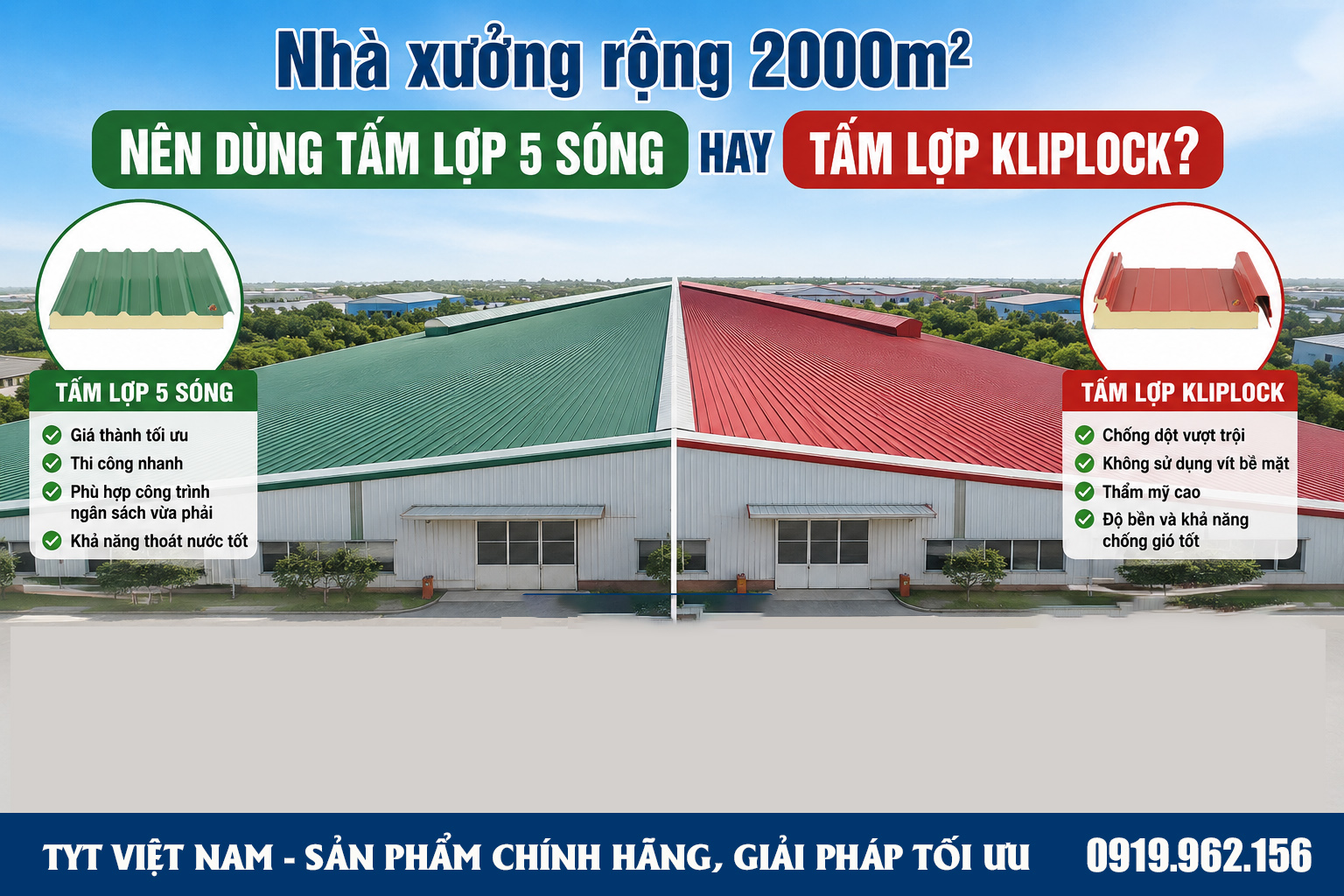 NHÀ XƯỞNG RỘNG 2000 M2 NÊN DÙNG TẤM LỢP 5 SÓNG HAY TẤM LỢP KLIPLOCK?