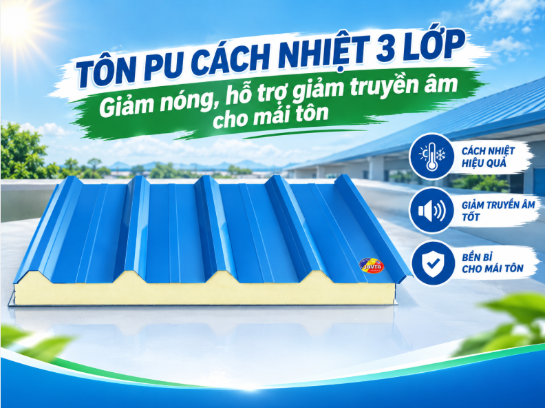 TÔN PU CÁCH NHIỆT 3 LỚP GIẢM NÓNG, HỖ TRỢ GIẢM TRUYỀN ÂM CHO MÁI TÔN