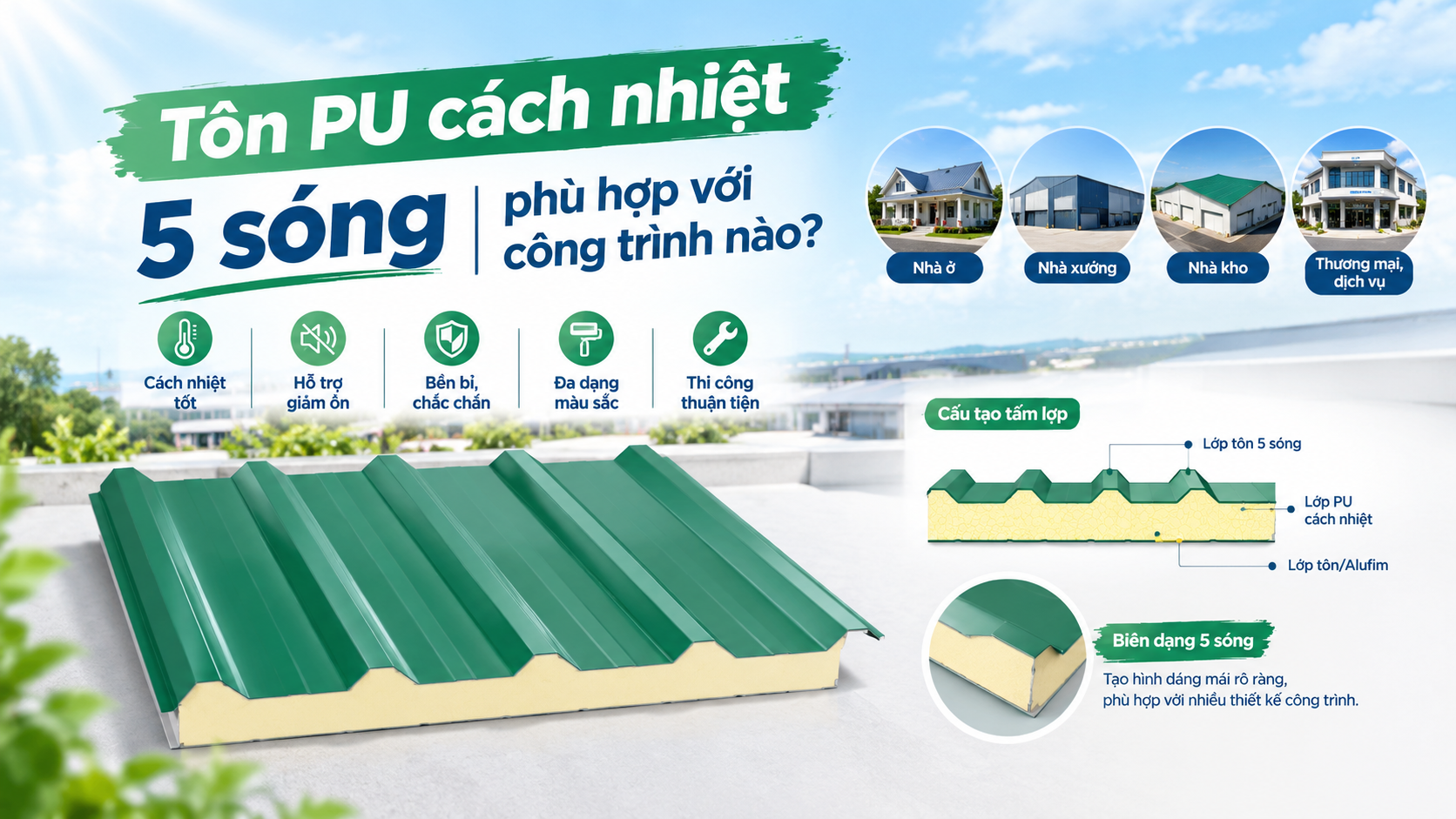 TÔN PU CÁCH NHIỆT 5 SÓNG PHÙ HỢP VỚI CÔNG TRÌNH NÀO?