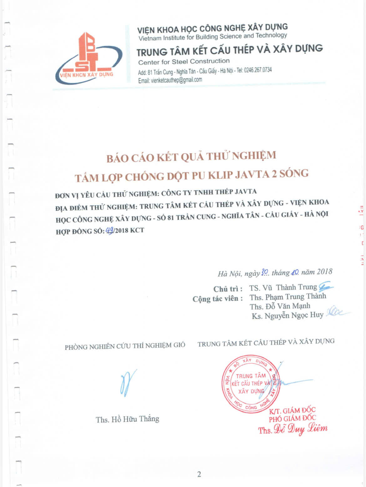 Báo cáo kết quả thử nghiệm tấm lợp chống dột Kiplock PU JAVTA 2 sóng