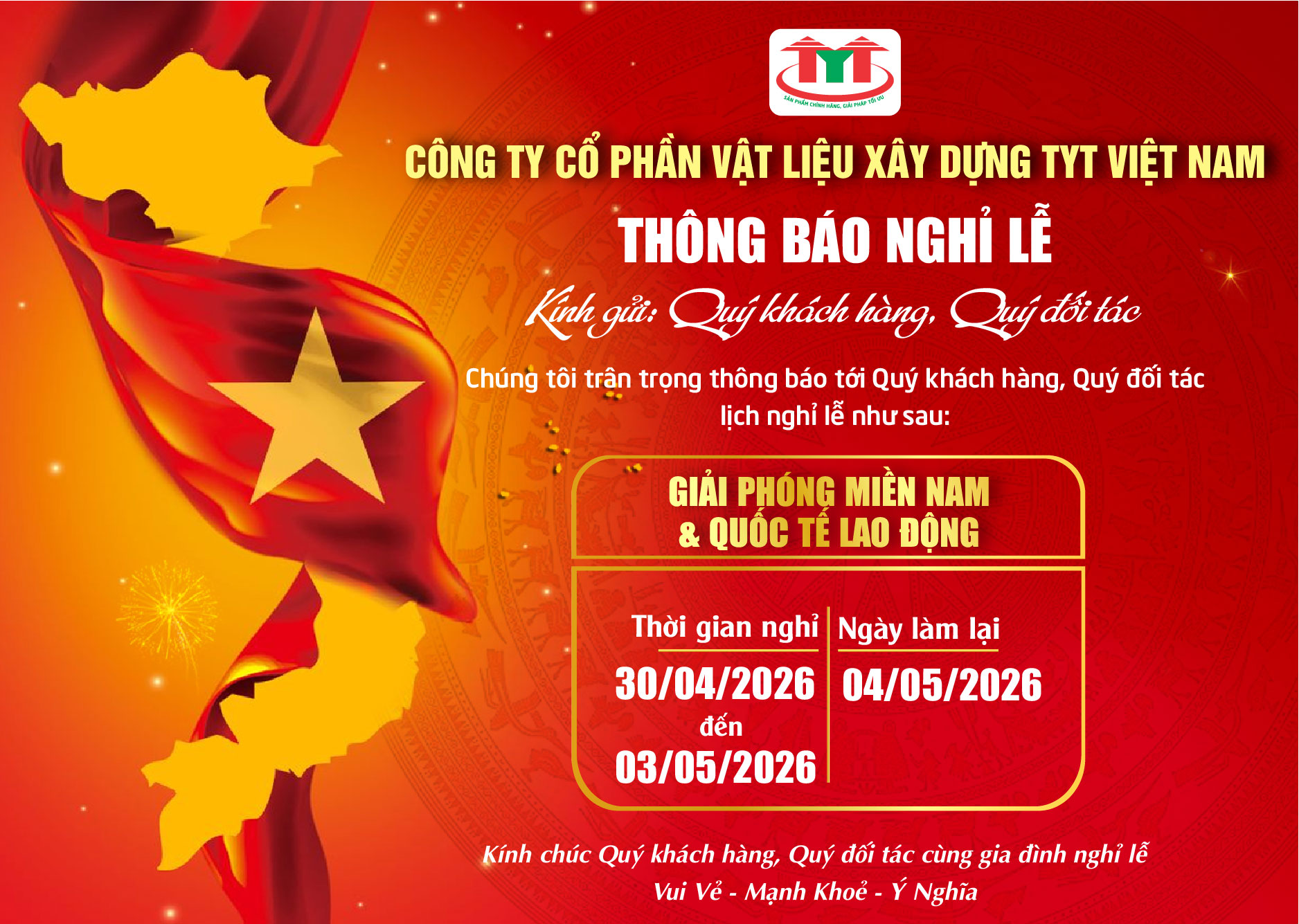 THÔNG BÁO NGHỈ LỄ 51 NĂM GIẢI PHÓNG MIỀN NAM THỐNG NHẤT ĐẤT NƯỚC & QUỐC TẾ LAO ĐỘNG