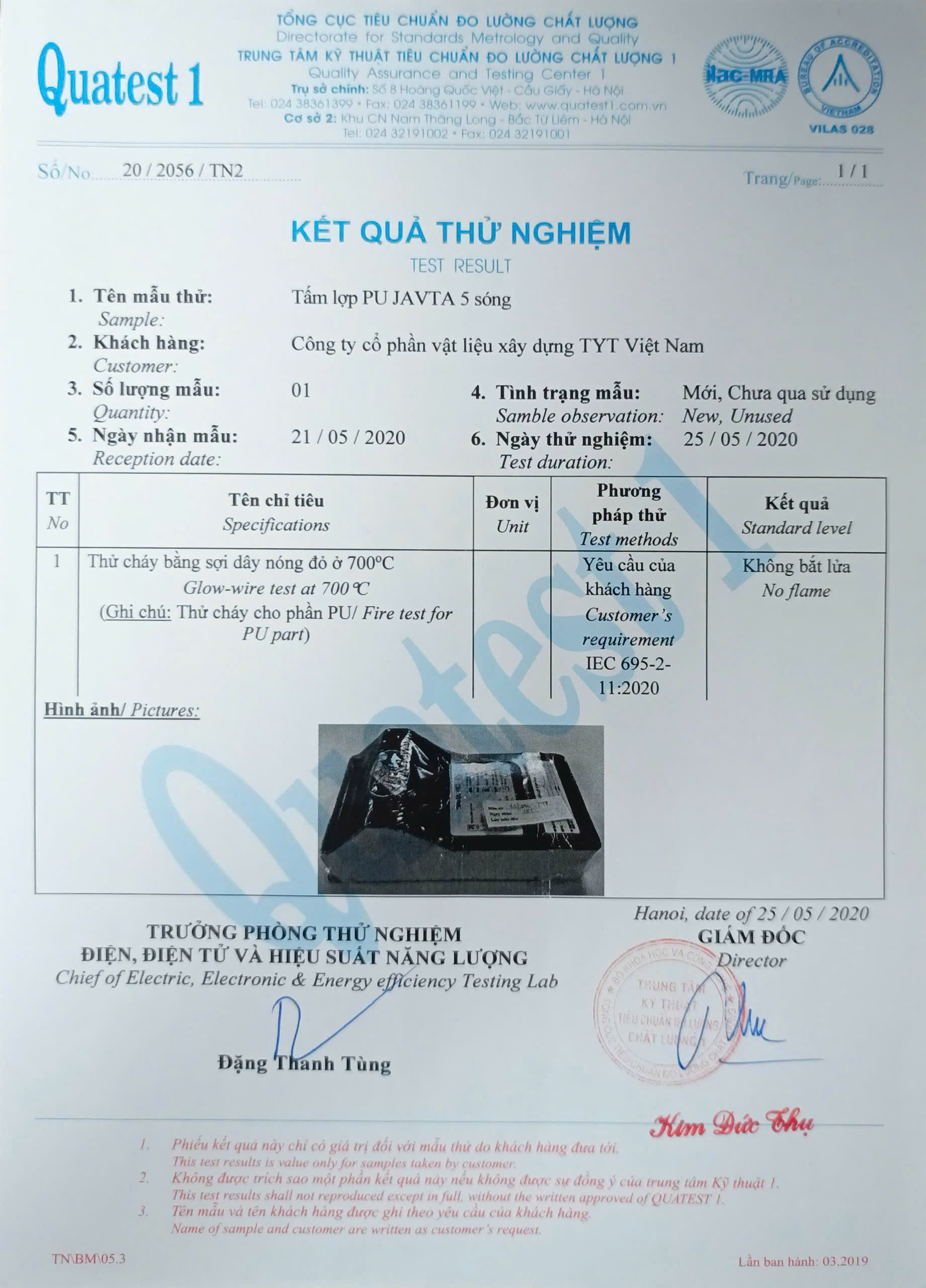 Kết quả thử nghiệm tính cháy phần PU của tấm lợp PU JAVTA 5 sóng