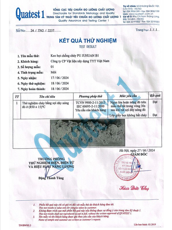 Báo cáo thử nghiệm Quatest 1 (Khả năng chống cháy)
