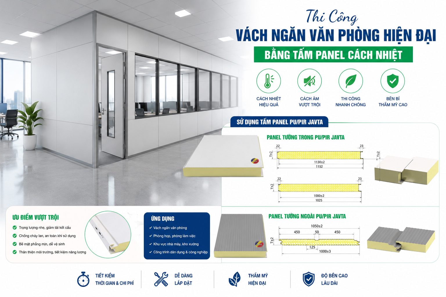 THI CÔNG VÁCH NGĂN VĂN PHÒNG HIỆN ĐẠI BẰNG TẤM PANEL CÁCH NHIỆT