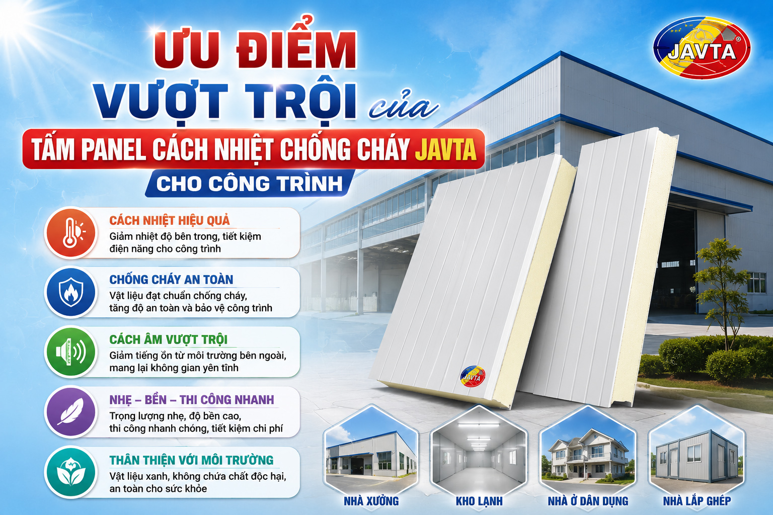 ƯU ĐIỂM VƯỢT TRỘI CỦA TẤM PANEL CÁCH NHIỆT CHỐNG CHÁY JAVTA CHO CÔNG TRÌNH