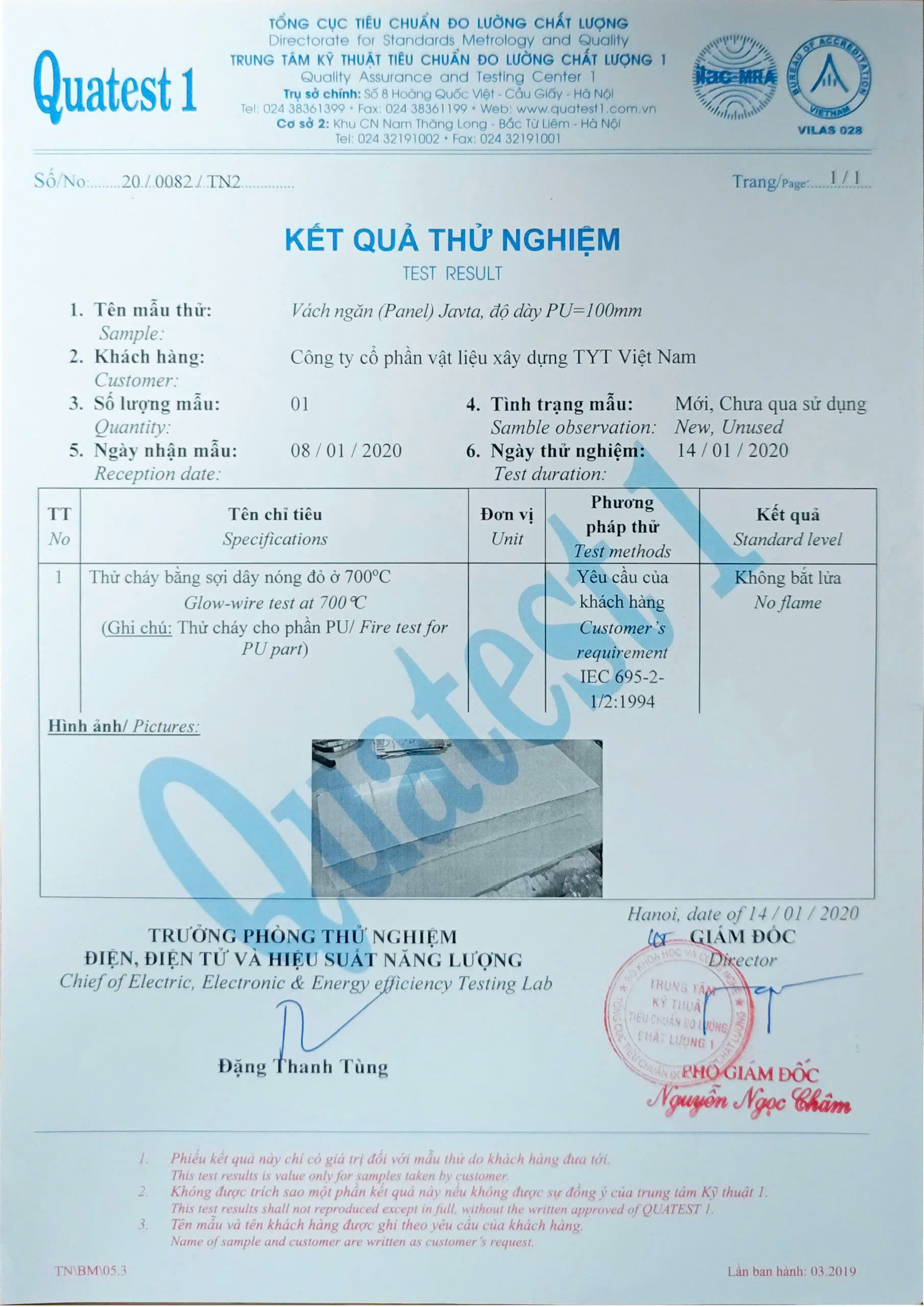 Thử cháy phần PU của vách ngăn panel JAVTA, độ dày PU = 100mm
