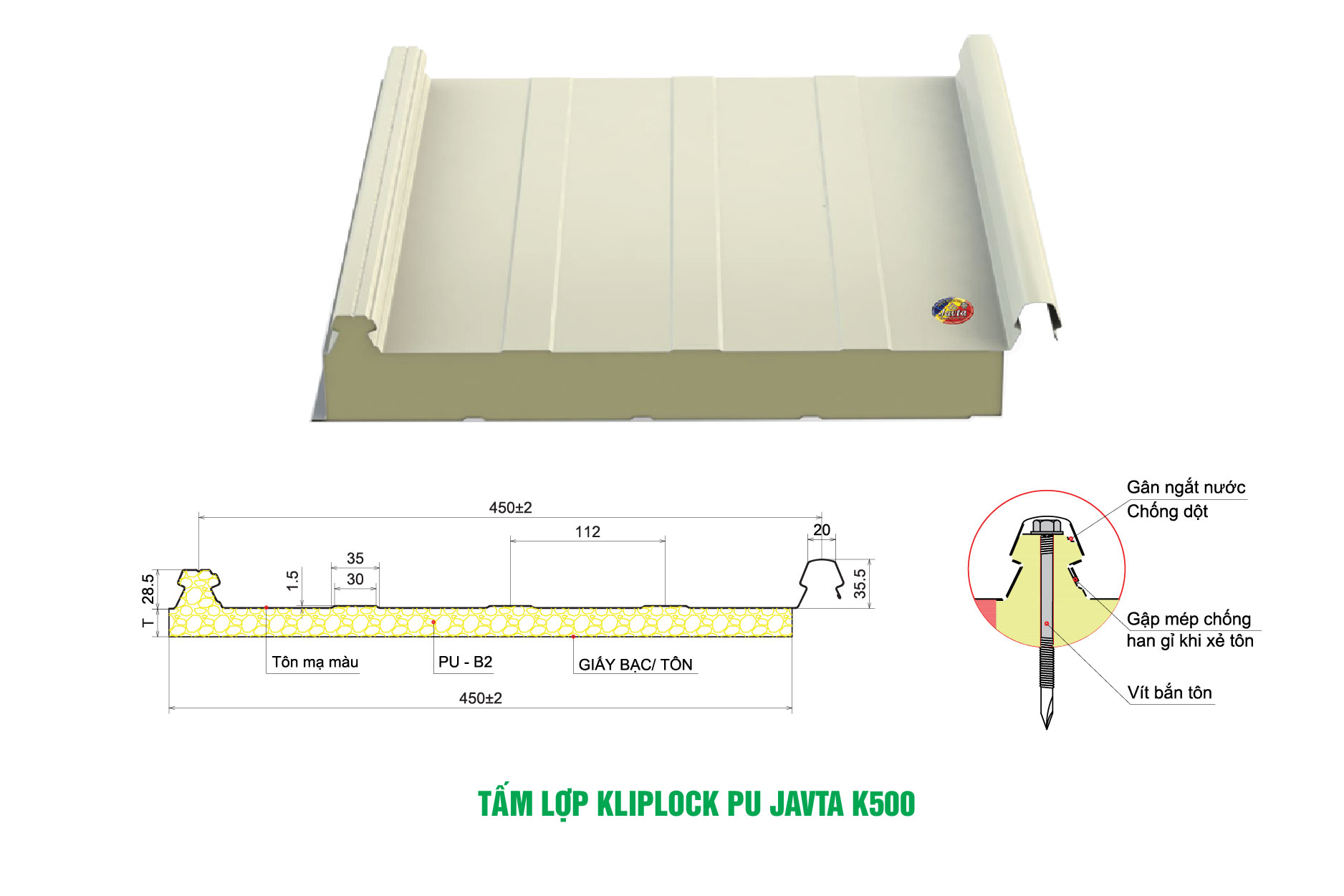 TẤM LỢP KLIPLOCK PU JAVTA K500